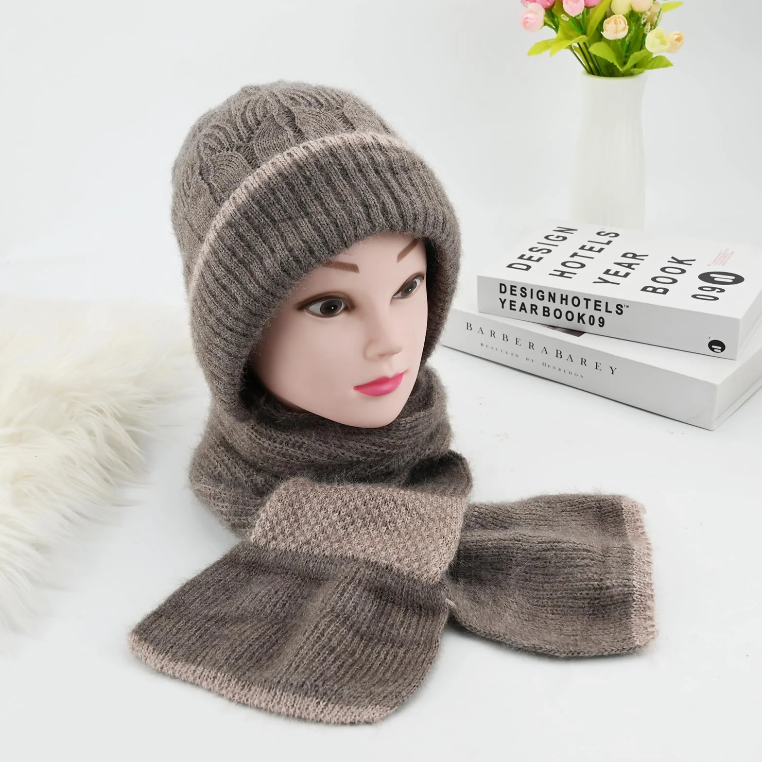 Zintegrowana ochrona uszu, wiatroszczelny szalik 2 w 1, zimowy dzianinowy ciepły szalik z kapturem, ciepła gruba czapka beanie, apaszka, zestaw dla kobiet, dziewcząt, z opaską na głowę, prezenty