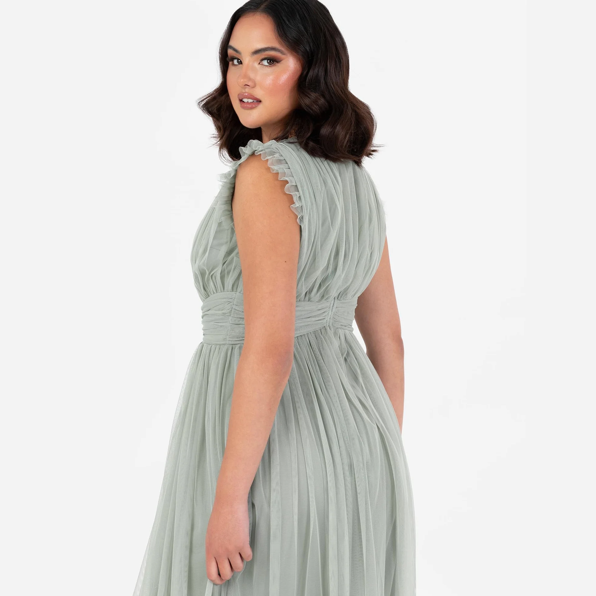 Anaya with Love Damska sukienka maxi damska z dekoltem w serek krótki rękaw split tiul linia A dla gości weselnych wieczór panieński okazja Ball Gown Kobiety, Mrożona zieleń, 52