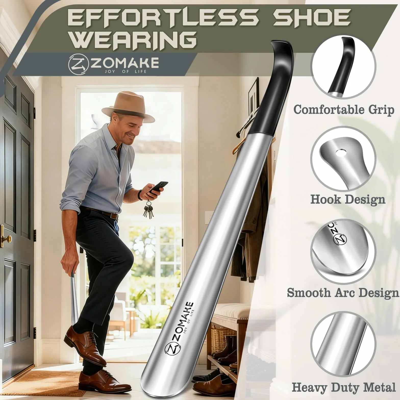 ZOMAKE Łyżka do Butów Mały Metalowy Długi 2szt,42cm Ze Stali Nierdzewnej Róg do Butów,Stabilna Klakson but Metalowy 19cm Z Wspornikiem Ściennym(Srebrne 42&19cm)