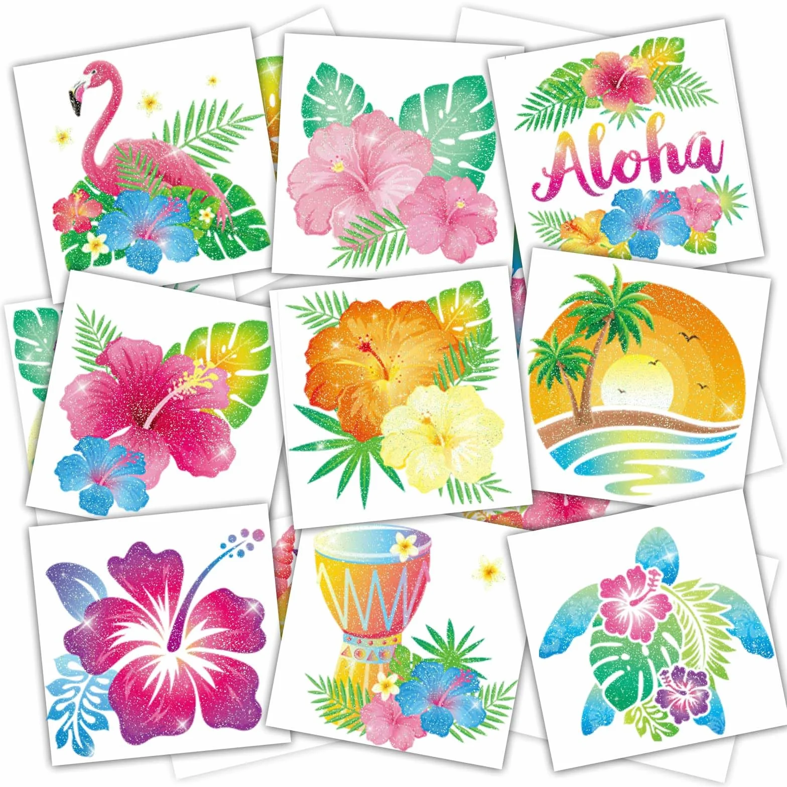 Qpout 96 sztuk brokatowych tatuaży tymczasowych dla dzieci i kobiet, letnie hawajskie tatuaże kwiatowe, Aloha Party Luau Beach Favors, dekoracja tropikalna