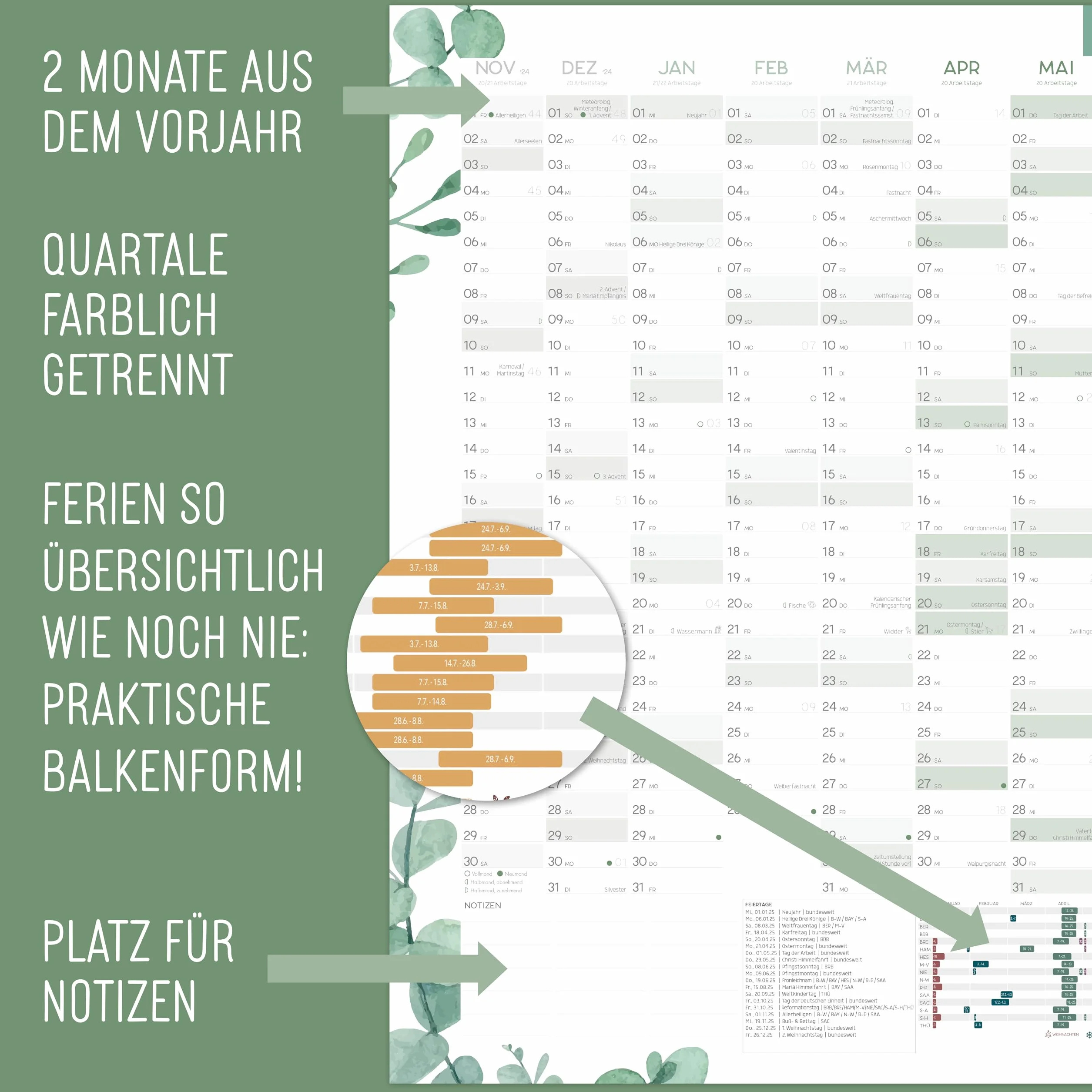 Kalendarz ścienny XXL, eukaliptus, planer roczny DIN A1+, 89 x 63 cm, planer ścienny 2025 w stylu eukaliptusa, składany, kalendarz roczny 2025, domowy, planer rodzinny, kalendarz biurowy na 16