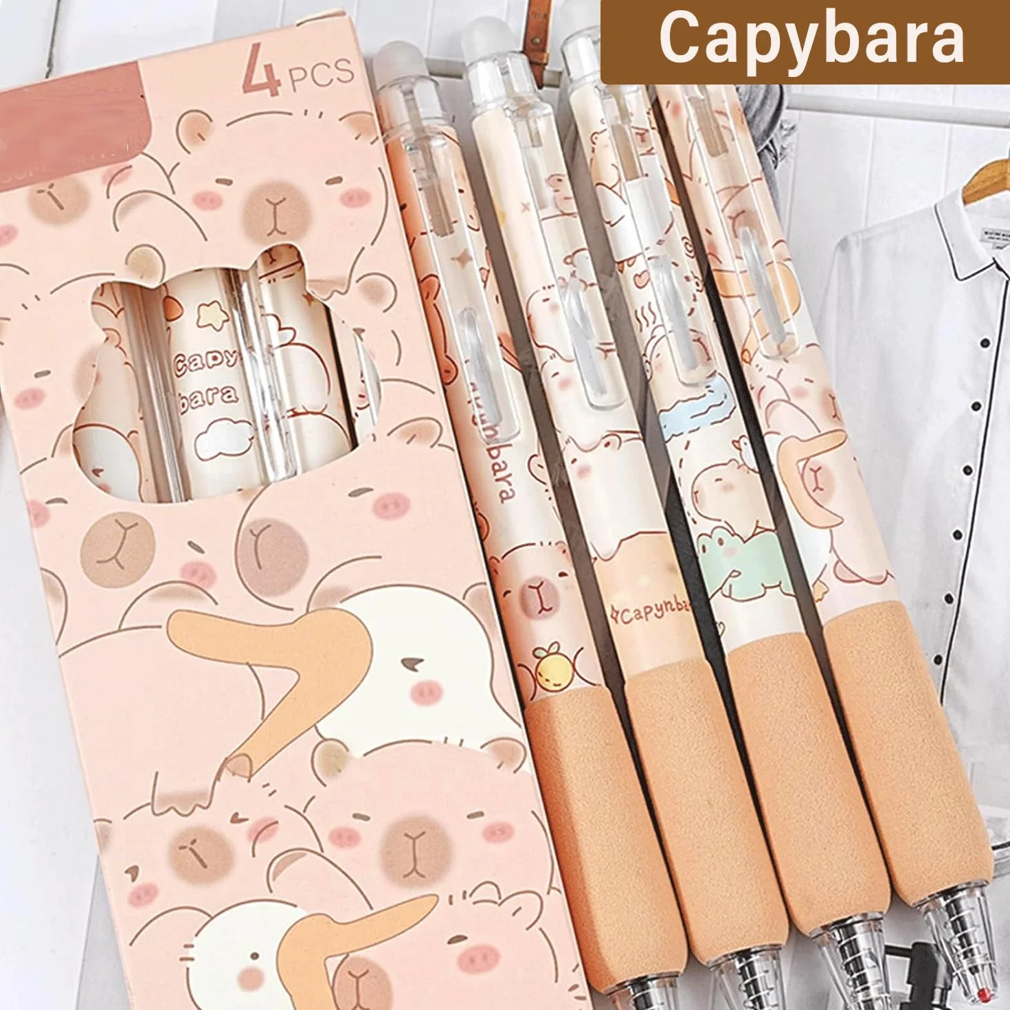 LEMONSTONE Capybara zestaw 4 pisaków do ścierania i 50 sztuk naklejek, niebieski atrament 0,5 mm, Capibara zestaw do ścierania długopisów do szkoły, biura, upominek Capybara (Capybara)