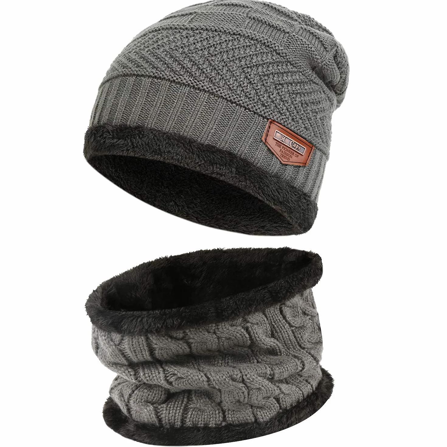 Bequemer Laden 2 sztuki zimowa czapka beanie, zestaw szalików, wełna, ciepła dzianinowa czapka, gruba podszewka z polaru, czapka zimowa i szalik dla mężczyzn i kobiet