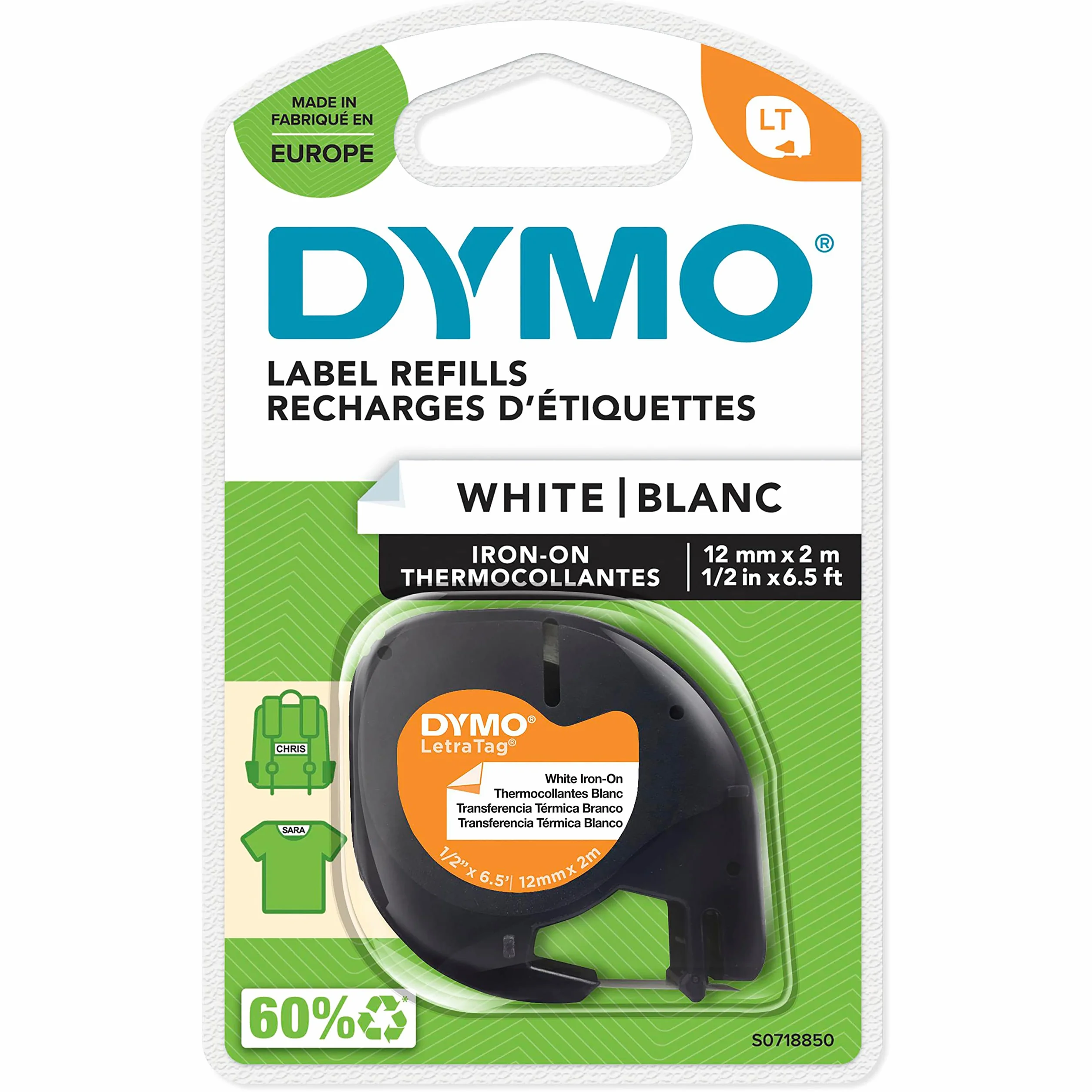 Naprasowanki na ubrania DYMO LetraTag | Oryginalne | Rolka 12 mm x 2 m | Czarny druk na białym tle | Naprasowanki na ubrania do drukarek LetraTag | S0718850