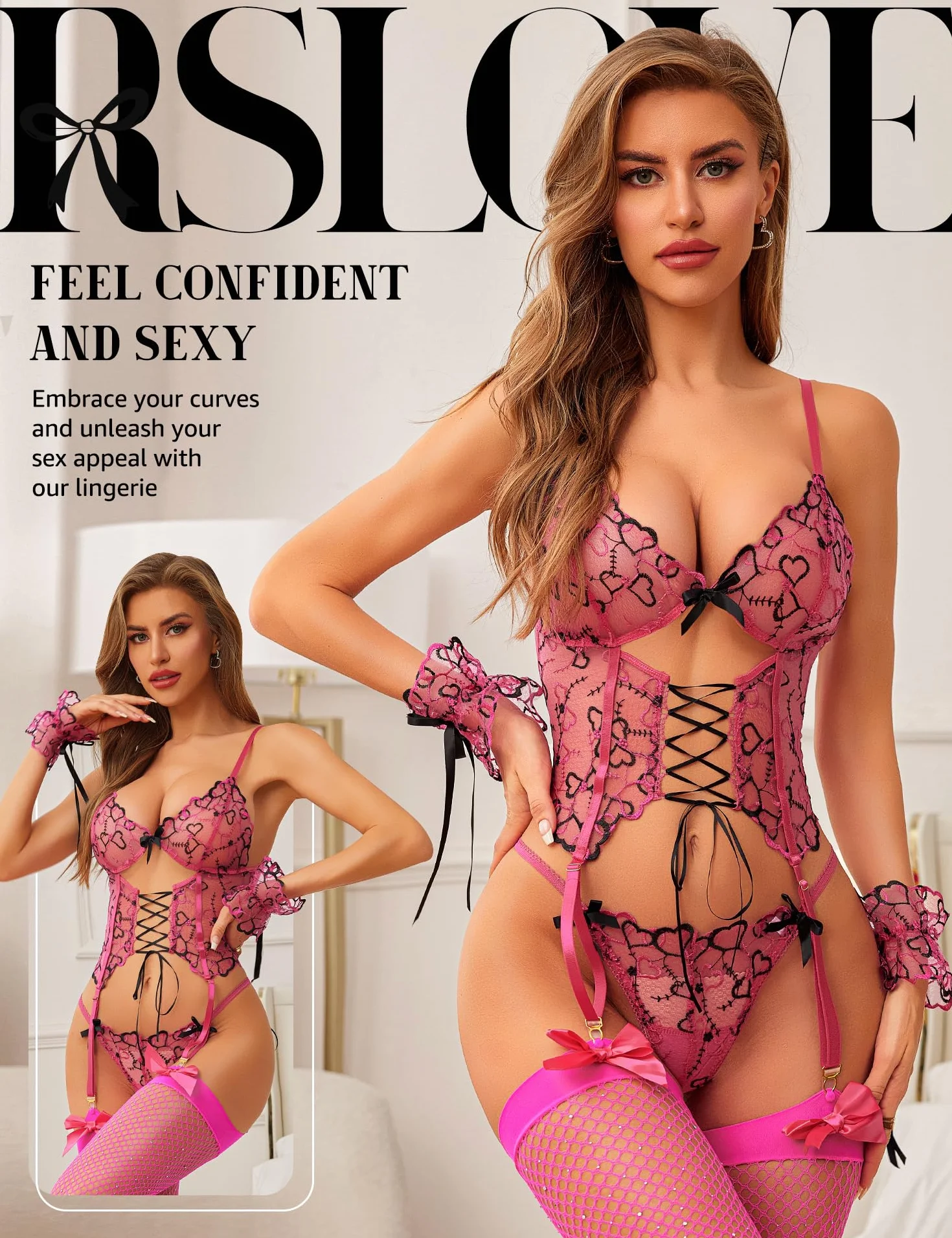 RSLOVE Damska bielizna do pończoch Babydoll - 4-częściowy seksowny zestaw bielizny z paskiem do podwiązek, koronkowy strój do spania