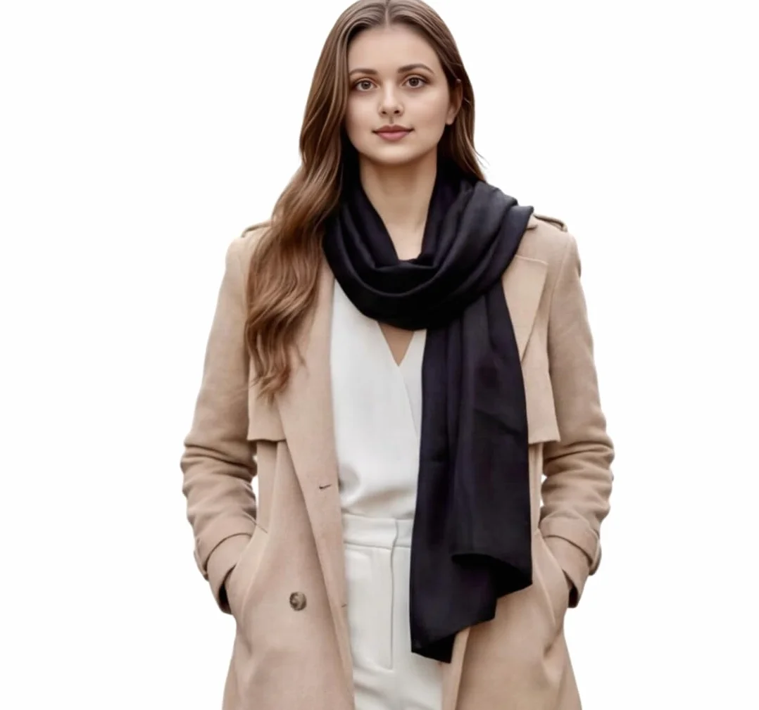 Damski jedwabny szal w 100% z jedwabiu, szalik, jednokolorowy, biały, czarny, 180 x 90 cm, jednokolorowy, do garnituru, formalne okazje, styl biznesowy, prezent dla niej