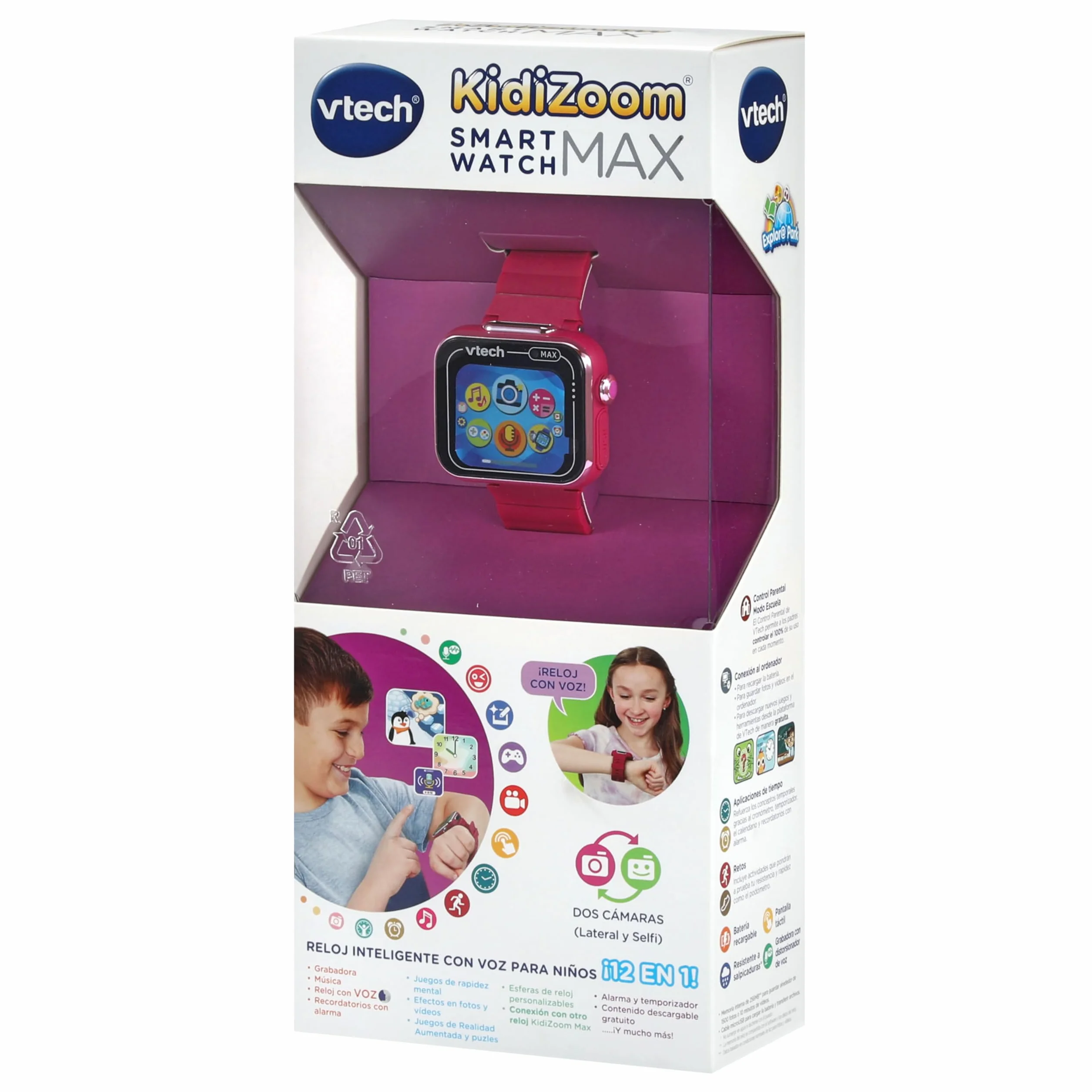 VTech - Kidizoom Smartwatch MAX Raspberry Smart Watch dla dzieci, podwójny aparat fotograficzny, filmy, gry, poziomy ekran dotykowy, wersja ESP