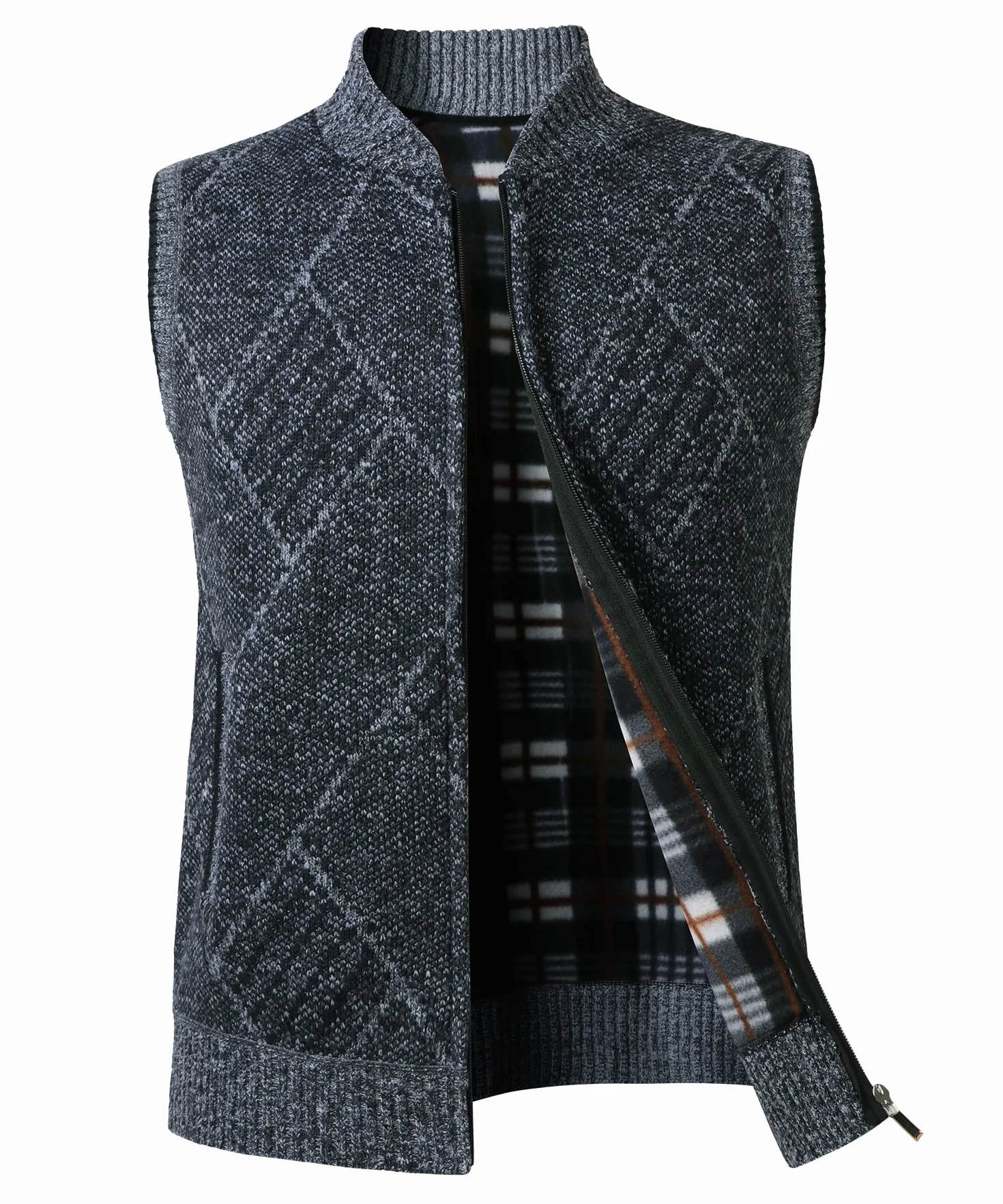 Męski dzianinowy kardigan gruby sweter kamizelka bez rękawów dżentelmen kamizelka slim fit pełny zamek błyskawiczny dzianina z podszewką polarową jesień zima sweter na co dzień dzianinowe