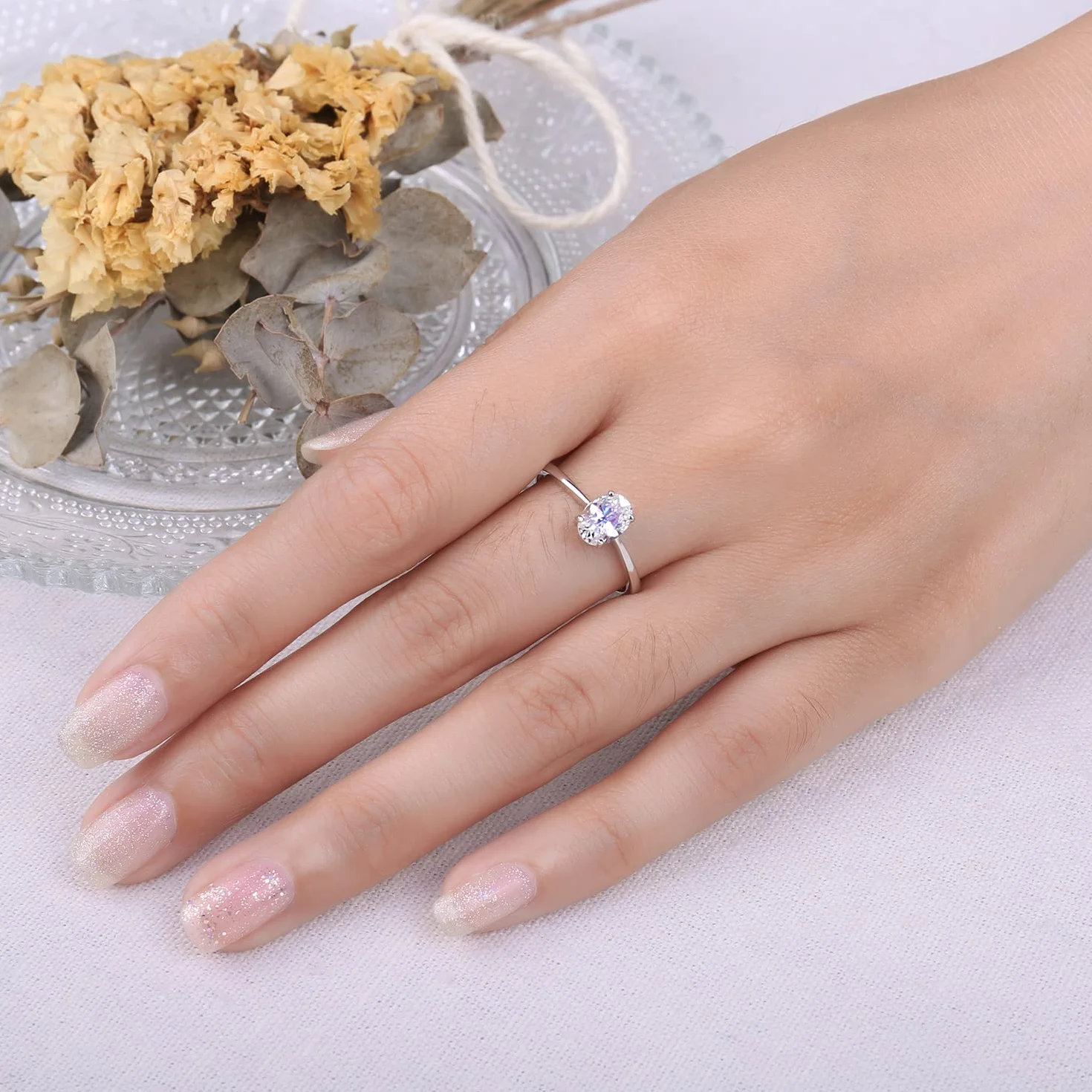 JewelryPalace 1ct Classic cyrkonia owalny pierścionek Solitaire kamień pozłacany 14K białe złoto, pierścionek zaręczynowy ślub obietnica obrączka, zestaw biżuterii Mariee 54