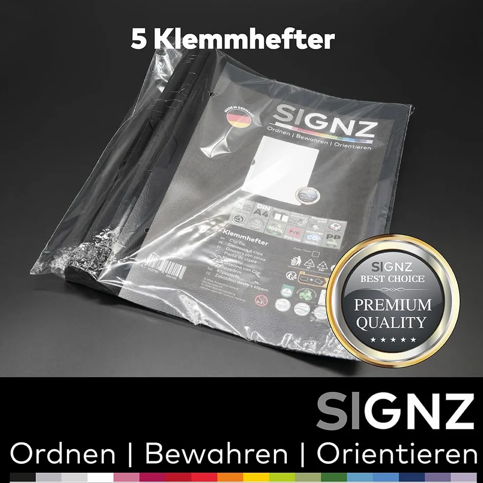 SIGNZ Segregator zaciskowy DIN A4, 5 sztuk, czarny, na 60 arkuszy, neutralny pod względem emisji CO2, wyprodukowano w Niemczech