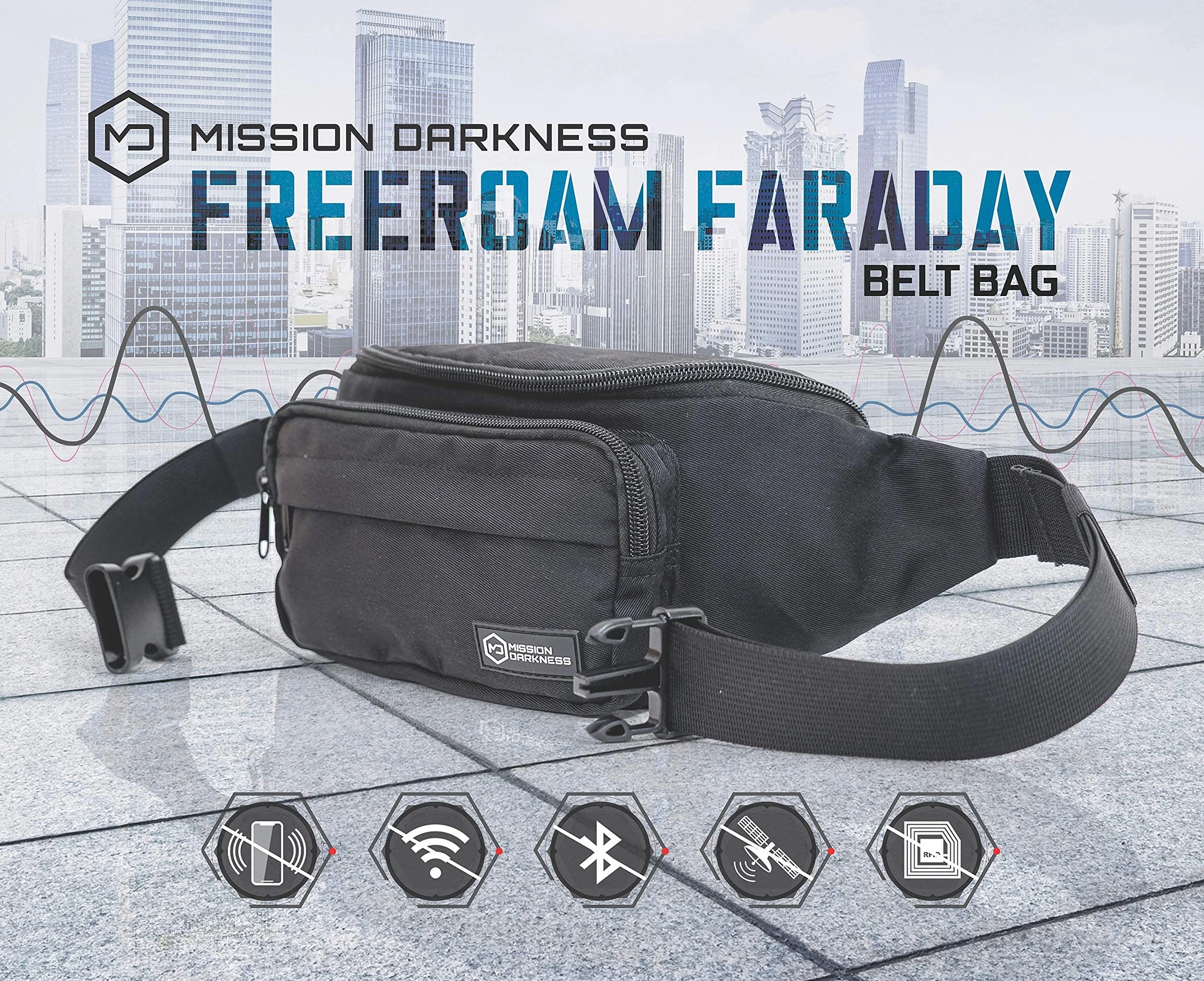 Mission Darkness Faraday Torba na pasek. Trwała saszetka podróżna z wkładką ekranującą RF. Blokowanie sygnału, ochrona przed śledzeniem, prywatność danych, bezpieczeństwo urządzenia mobilnego. Pasuje