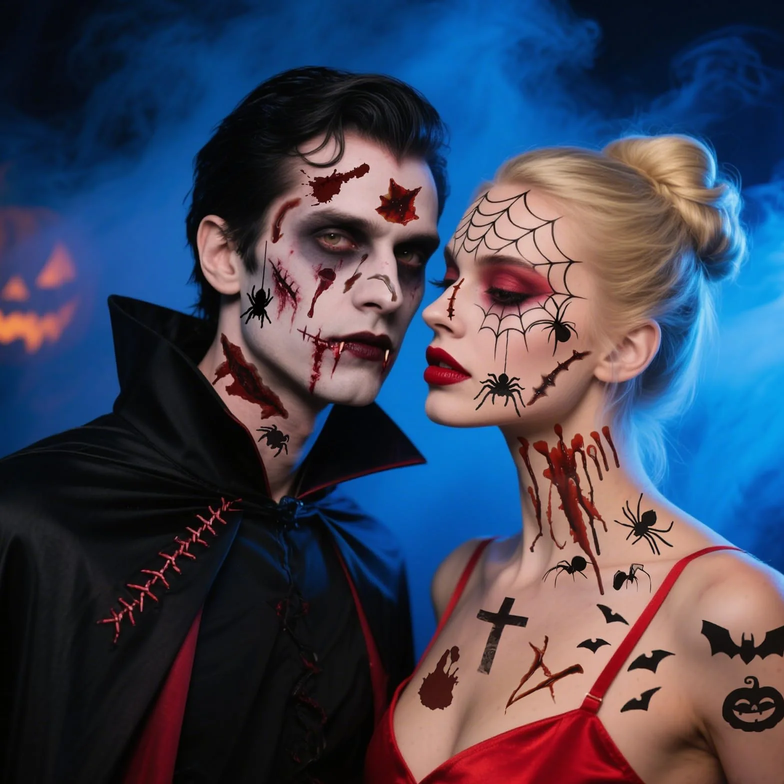 12 arkuszy tatuaży na Halloween, kostium dla kobiet i mężczyzn, tatuaż na twarz, blizny, rany, nietoperz, twarz, naklejki, tymczasowe tatuaże, akcesoria dla wampira, zombie, diabła, czarownicy