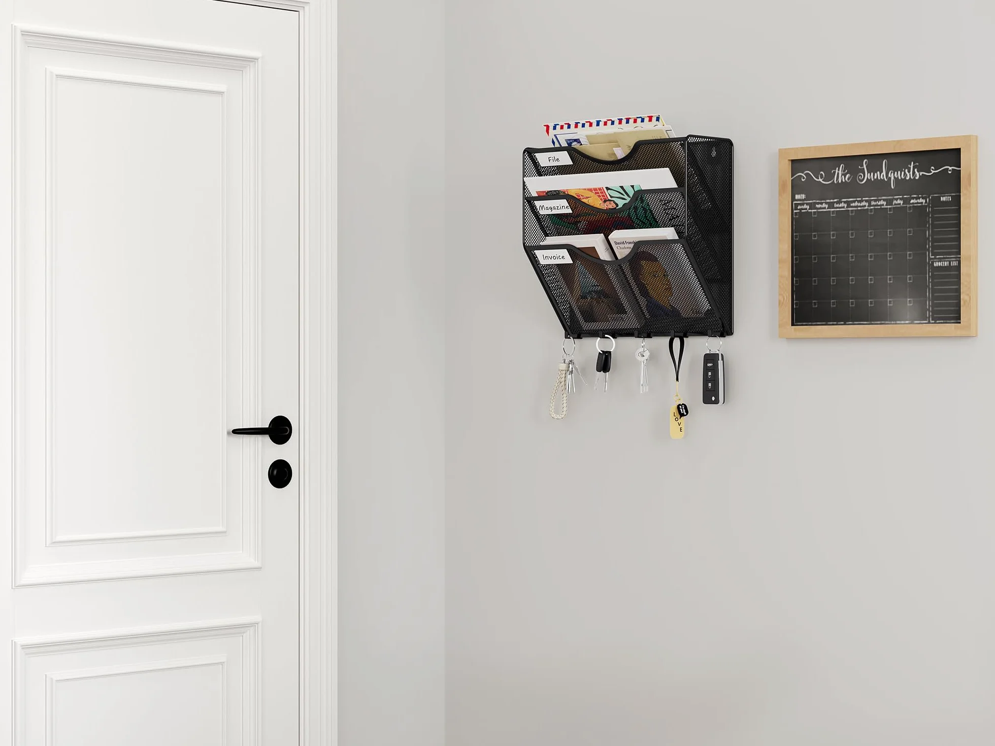 EasyPAG Uchwyt Ścienny na Dokumenty A4 3 Przedziały Metal Siatka,Ścienny Stojak na Pocztę,Wiszący Organizer na Dokumenty,Przechowywanie Czasopism z 5 Haczyki do Biura & Domu,Czarny