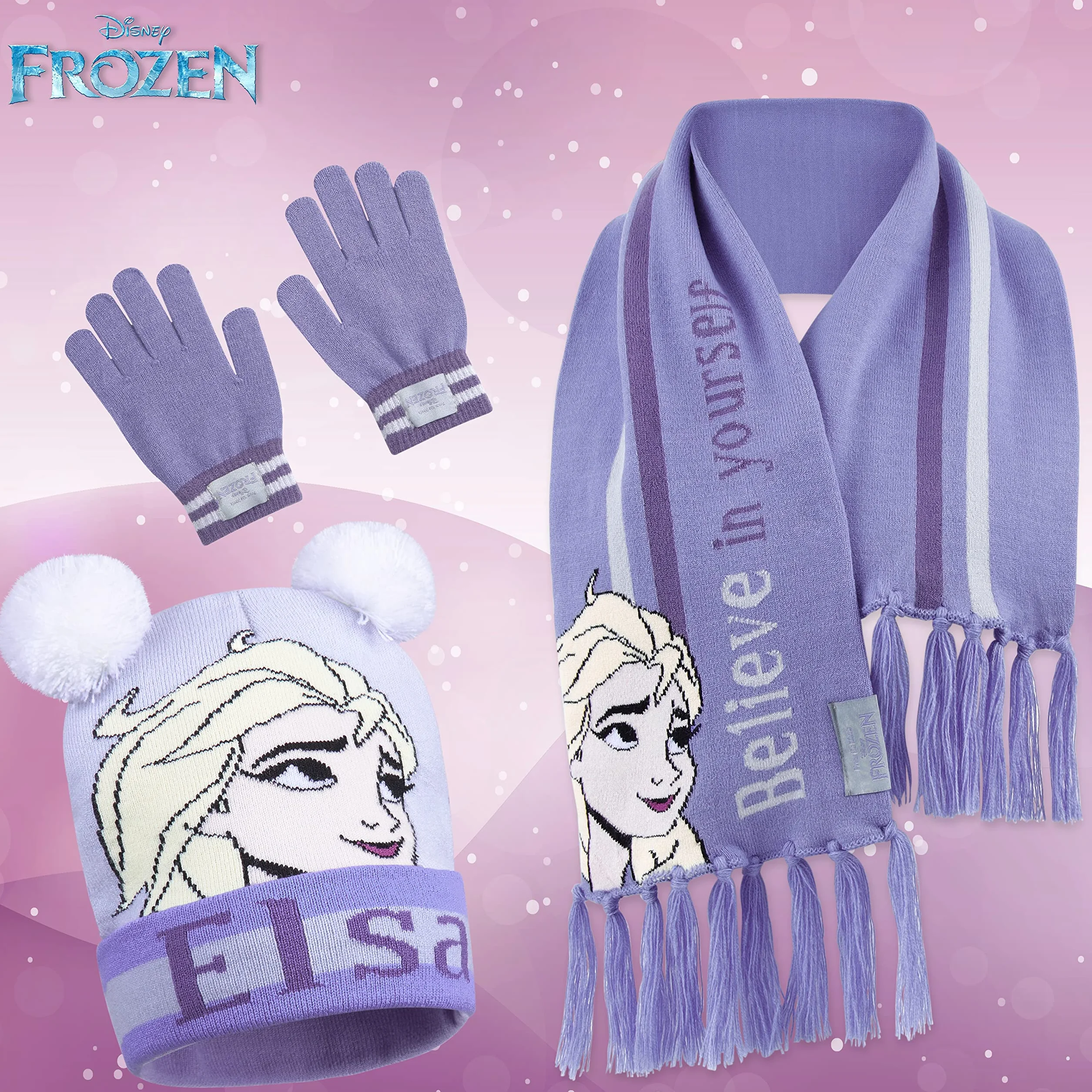 Disney Czapka beanie, szalik i rękawiczki, zestaw dla dzieci, Frozen Gifts dla dziewcząt, Fioletowy, Rozmiar uniwersalny