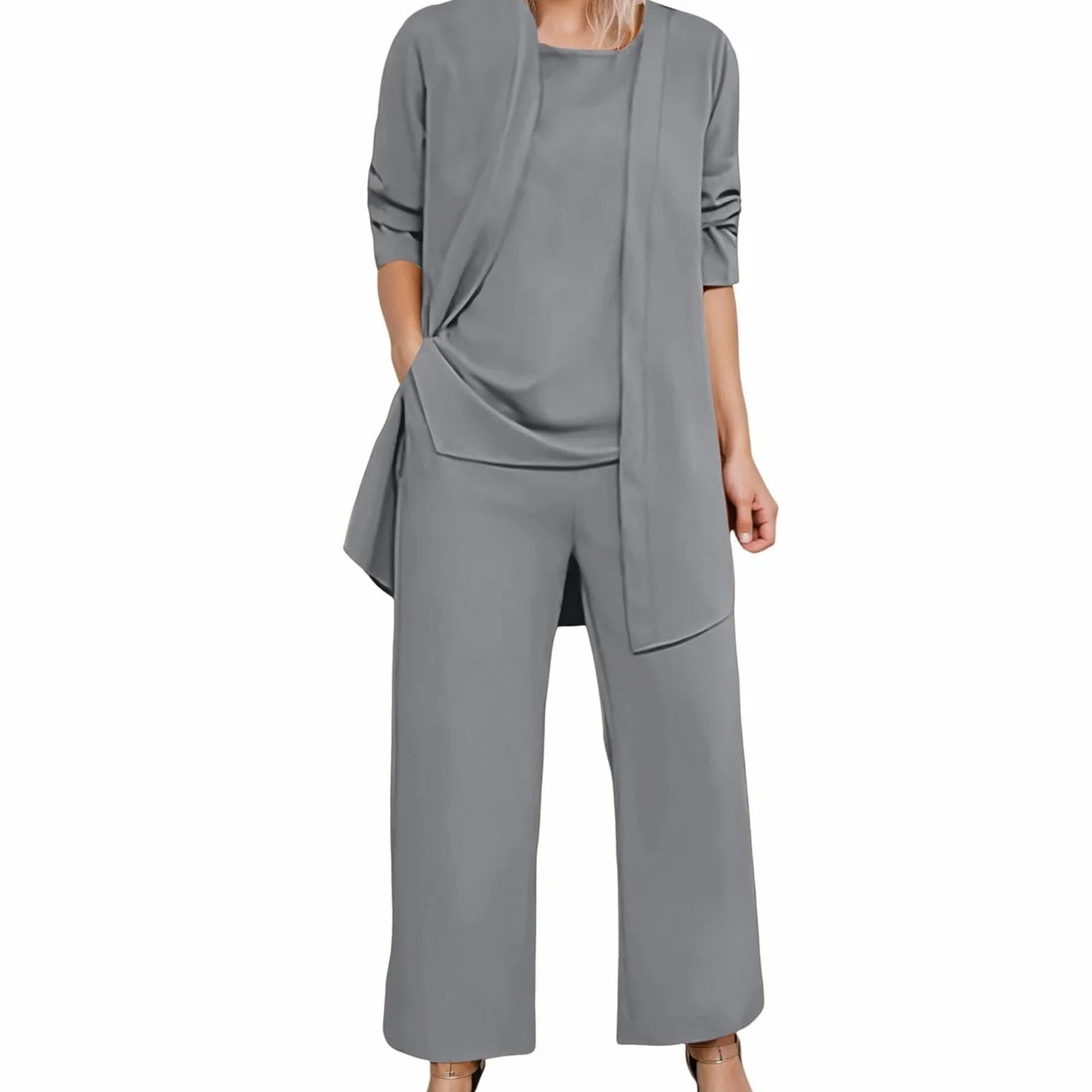 Strój lotniskowy damski elegancki trzyczęściowy dres treningowy, top z długim rękawem ze spodniami z szerokimi nogawkami, codzienna odzież biznesowa, modny kardigan bez rękawów i spodnie, dresy stroje