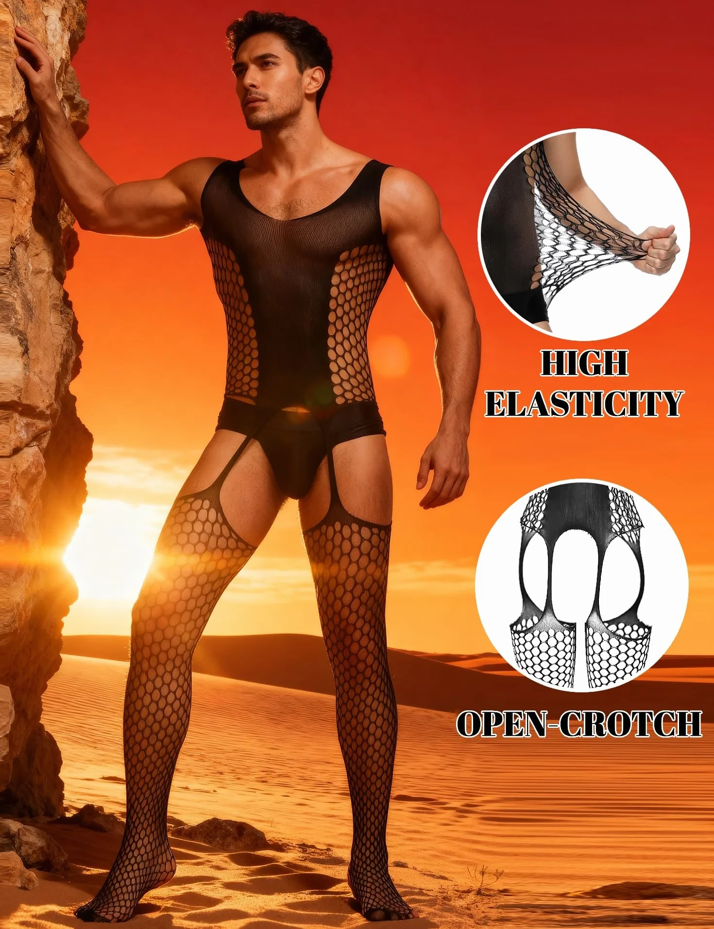 comeondear Siateczkowe body męskie seksowne otwarte ciało gorące bielizna rybacka pończochy body bez rękawów z szelkami bielizna Sissy Hard
