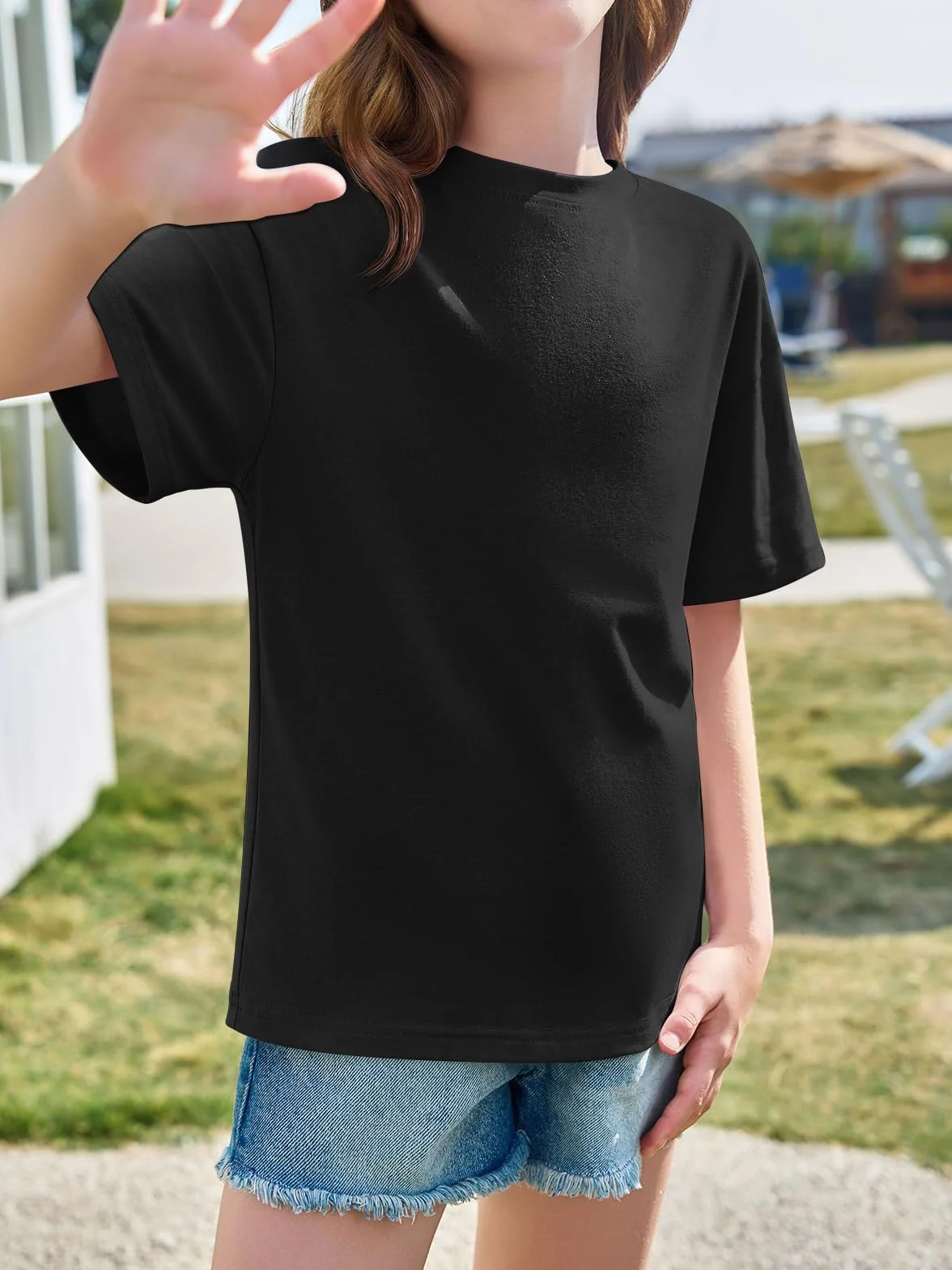 Haloumoning T-shirty dziewczęce, okrągły dekolt, krótki rękaw, jednokolorowe, na co dzień, na lato, oversize, swobodne topy basic