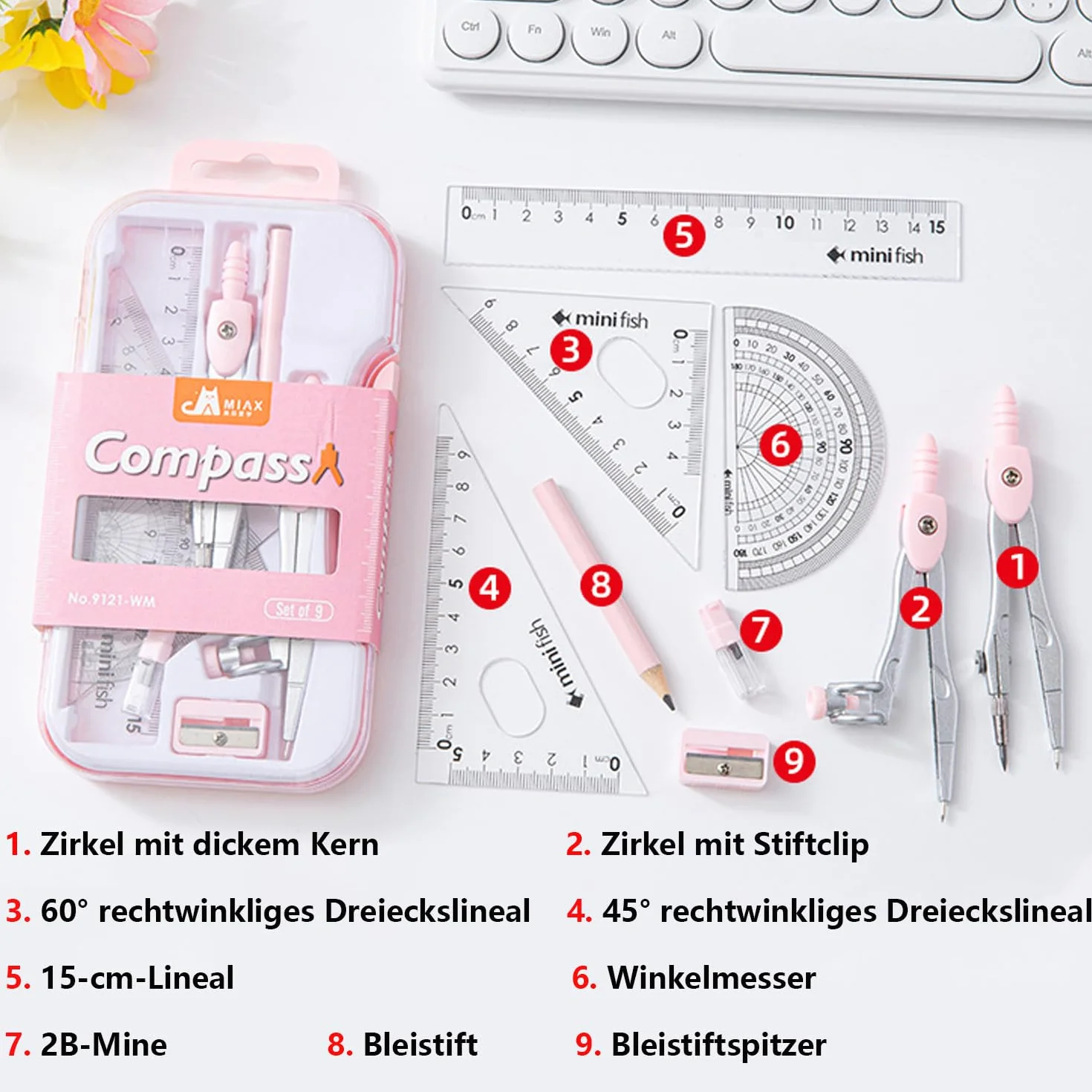 Zestaw cyrkieli klasy premium, z szybką regulacją, do szkoły podstawowej 4 klasy, 9-częściowy zestaw geometryczny, praktyczny zestaw matematyczny do szkoły, biura, na uczelnię, do rysowania,