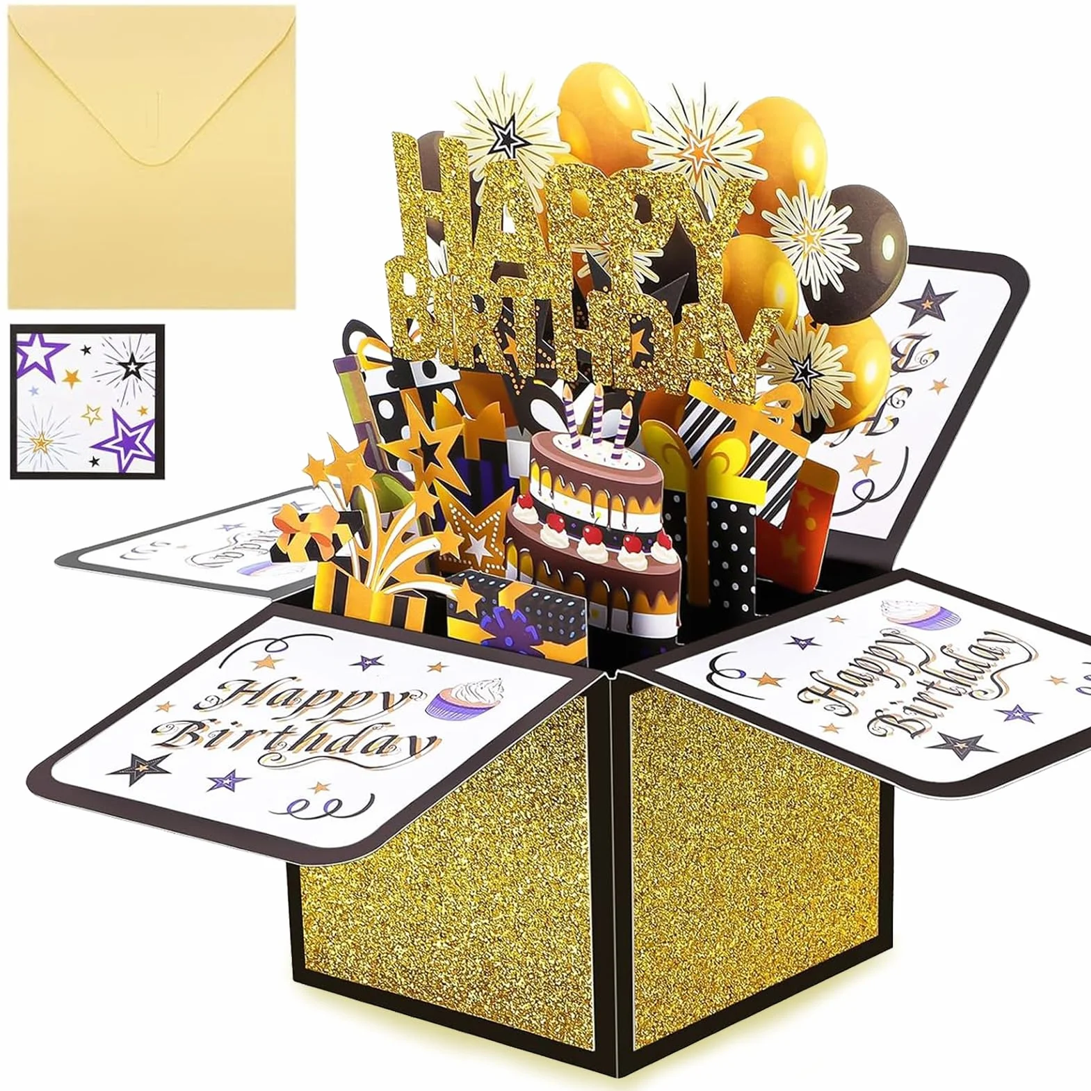 Kartka urodzinowa, Kartka urodzinowa 3D Pop-Up Happy Birthday, Ręcznie składana kartka z kopertą, Prezent urodzinowy dla żony, dziewczyny, mężczyzn i przyjaciół – Czarne złoto 18x19CM