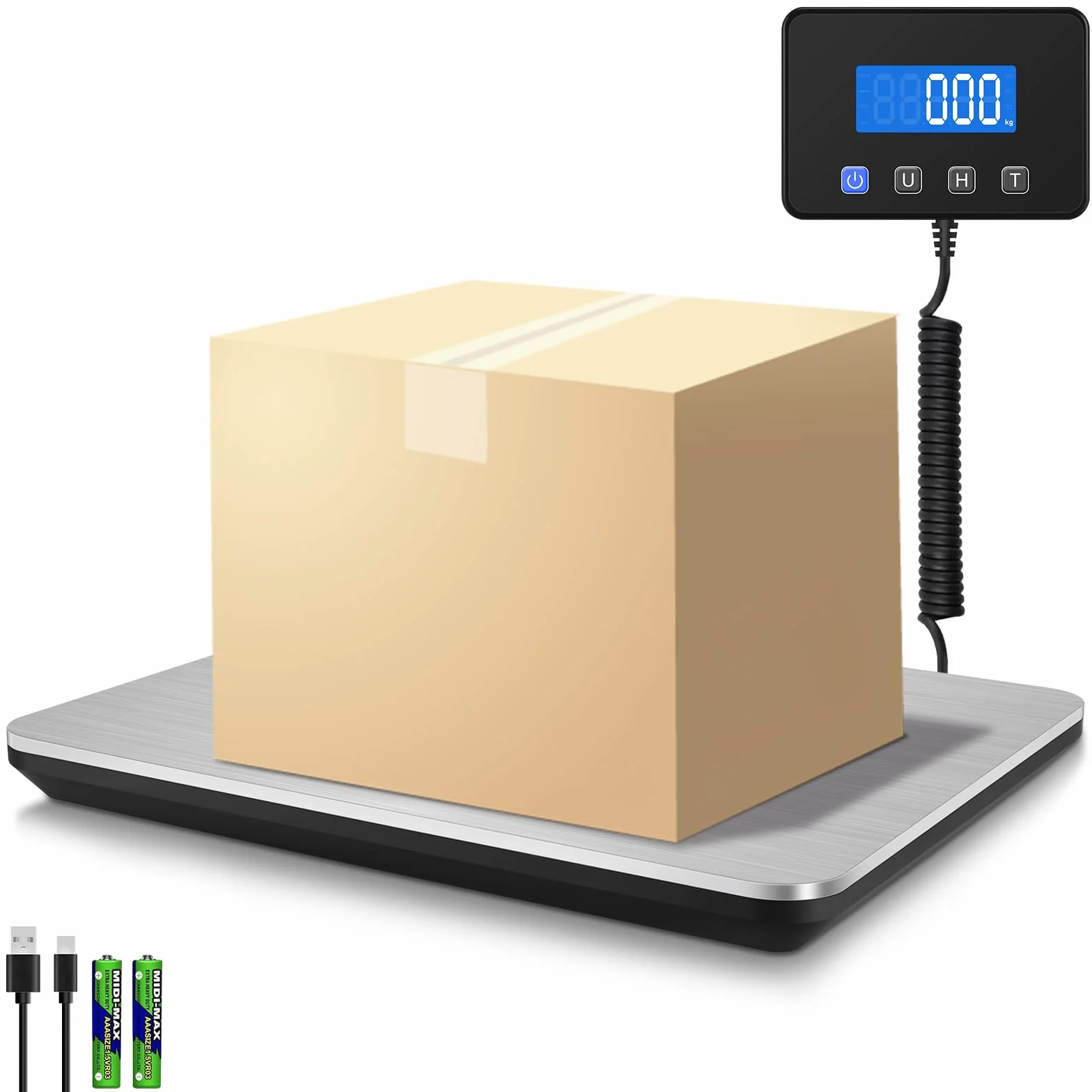 Collazoey Waga paczkowa, 200 kg/10 g, akumulatorowa waga platformowa USB z funkcją trzymania/tary, precyzyjna cyfrowa waga pocztowa ze stali nierdzewnej i 4-punktowy czujnik z wyświetlaczem LCD