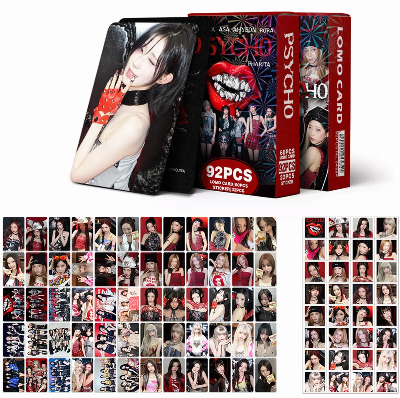 BABYMONSTER Fotokartki, 60 sztuk kart fotograficznych BabyMonster, 32 naklejki, karty nowego albumu BM PSYCHO, karty fotograficzne Baby Monster, niezbędne dla fanów (czerwone)