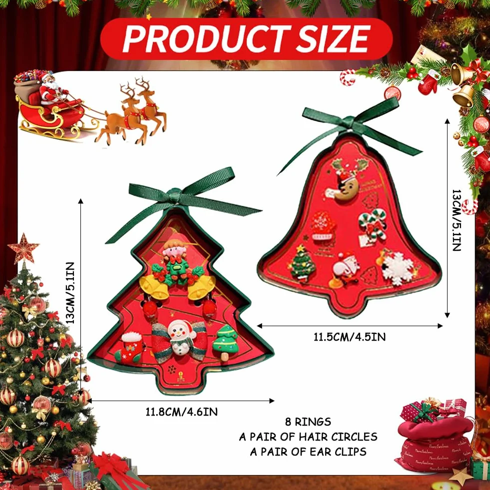 PLUSHCEWT 10 sztuk ozdób choinkowych dla małych dziewczynek, pierścionki ozdobne, zestaw upominkowy, Boże Narodzenie, płatek śniegu, bałwanek, gumka do włosów, pierścionek i kolczyki dla dziewczynek w