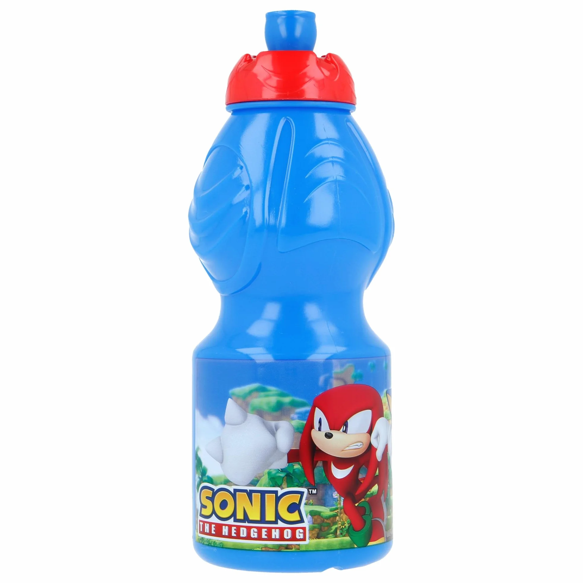 Stor Oryginalna plastikowa butelka Sega Sonic dla dzieci 400 ml bez BPA i nasadki ociekowej, antypoślizgowej opaski i ergonomicznego kształtu.