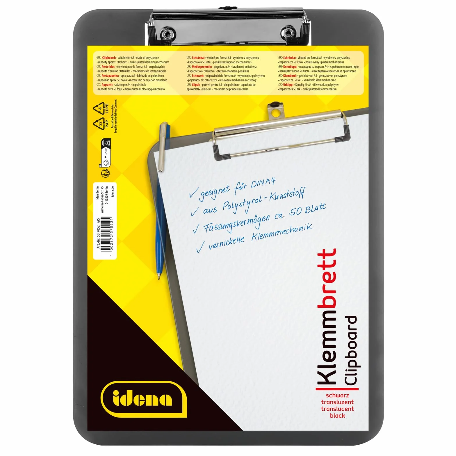 Idena 507052 - Clipboard do DIN A4 niklowany mechanizm zaciskowy, półprzezroczysty, czarny