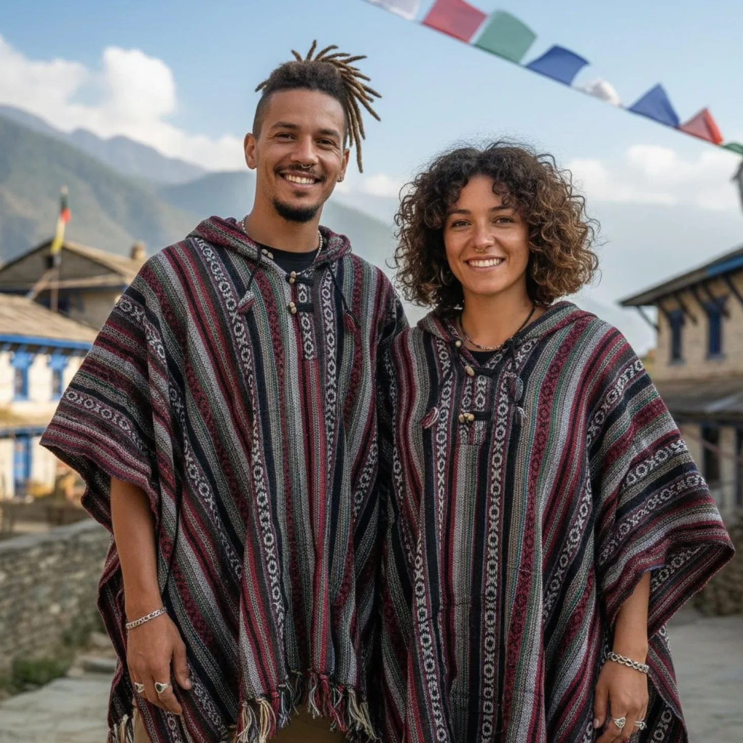 GURU SHOP Ponczo w stylu hippie, chic, etniczne ponczo, męskie/ damskie, niebieskie, z bawełny, rozmiar uniwersalny, kurtka z dzianiny, odzież alternatywa, czerwony/czarny, jeden rozmiar