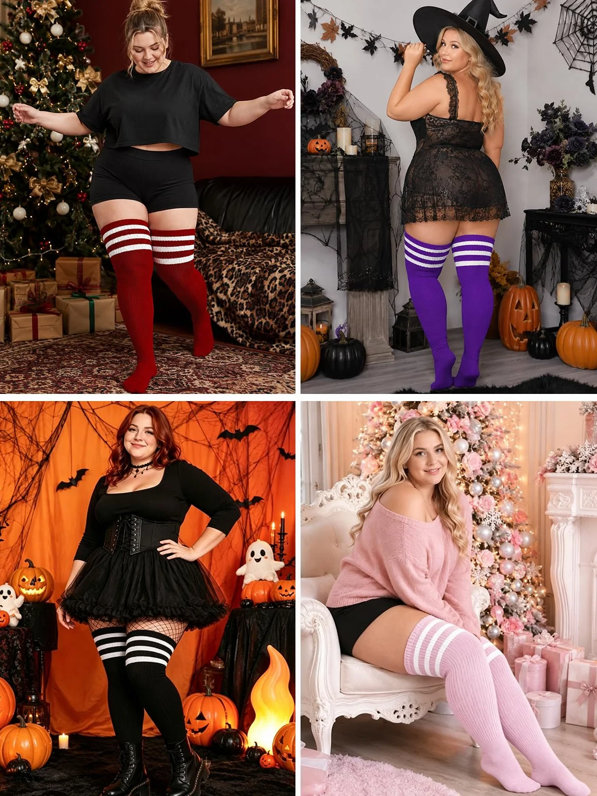 Moon Wood Womens Plus Size Thick Thigh High Socks for Thick Thighs- Extra Long Striped Over the Knee Halloween Socks Leg Warmers