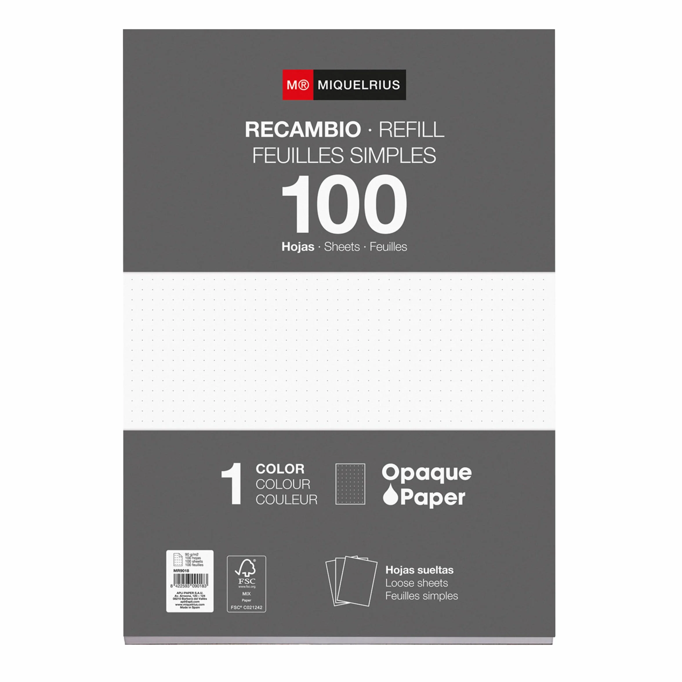 Miquelrius - arkusze uzupełniające luźne kartki, 100 luźnych punktów, rozmiar A4, papier 90 g, bez wiercenia
