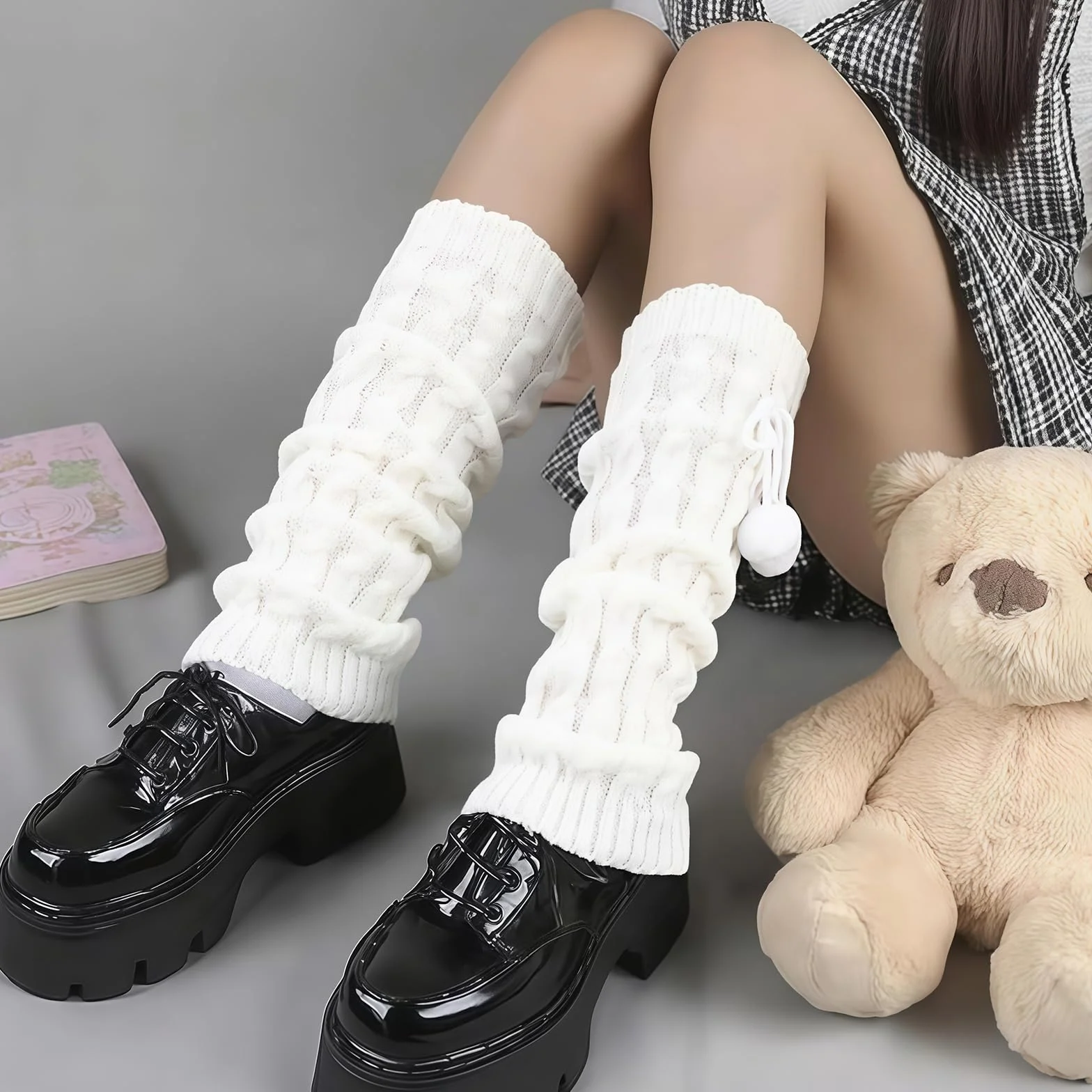 3 pary legginsów Kawaii, ocieplacz do nóg Y2K, ciepłe zimowe legginsy dla kobiet, ocieplacze z dzianiny Y2K, białe damskie ocieplacze z dzianiny