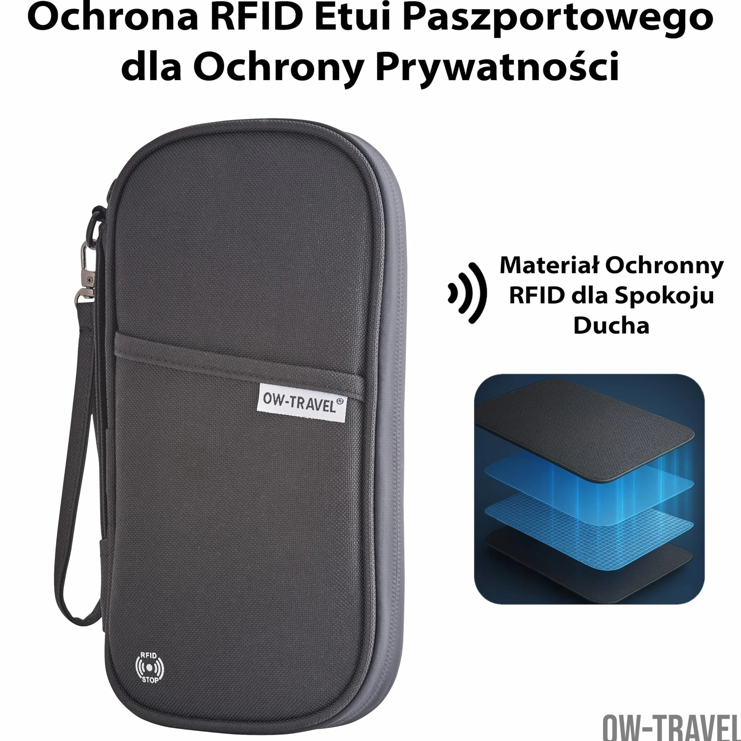 OW-Travel Etui na Paszport i Dokumenty (czarny) z ochroną RFID. Pojemne etui na paszport 4 paszporty na bilety lotnicze. Dołączone paski na nadgarstek i szyję bez użycia rąk