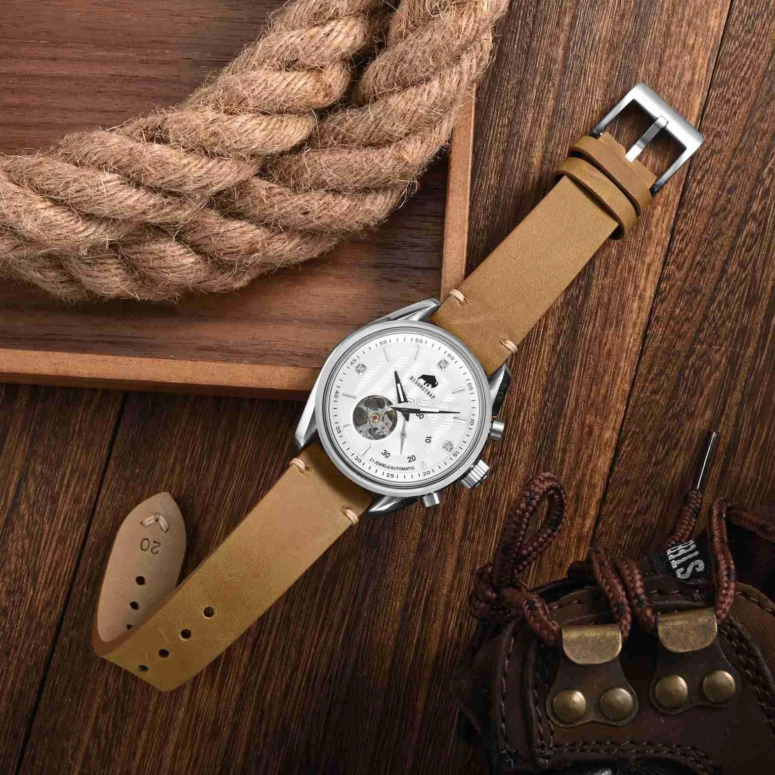 BISONSTRAP Skórzany zamienny pasek do zegarka męskiego, szybkozłączka z teleskopami, szerokość paska: 18 mm, 20 mm, 22 mm