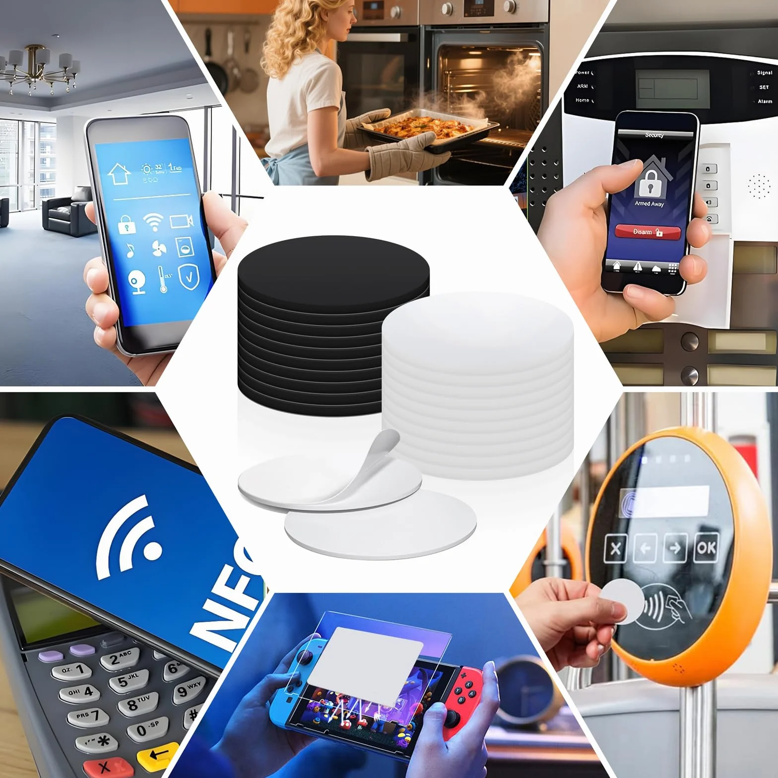 NFC Ntag215 NFC Tag - 40 sztuk (10 czarnych i 30 białych) okrągłe karty NFC 25 mm, znaczniki NFC z miejscem na 504 bajtów, naklejki NFC do inteligentnego domu, na ścianę muzyczną, cyfrowe wizytówki