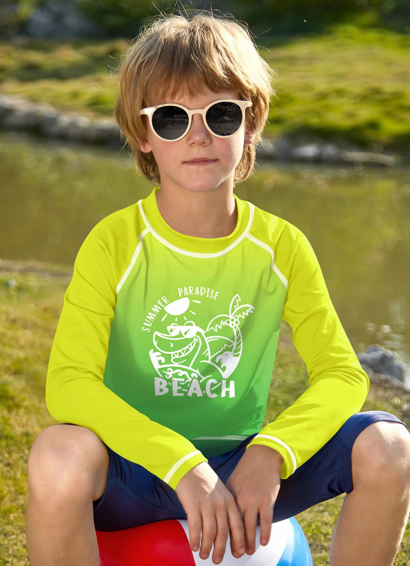 BesserBay Dziecięcy kostium kąpielowy z długim rękawem Rashguard szybkoschnący UV koszulka kąpielowa dla chłopców 110-160, Plaża żółto-zielona, 130