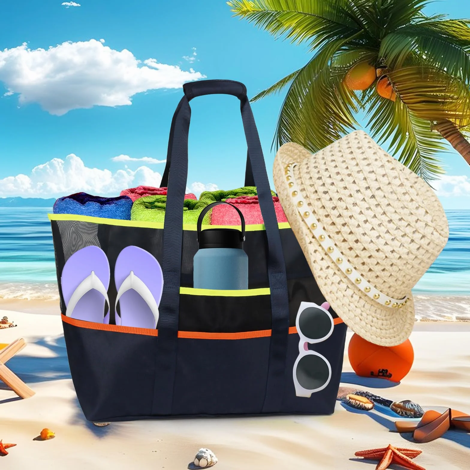 Duża torba plażowa z siateczki, z uszczelnieniem, torba kąpielowa do studia fitness, torba plażowa na podróż, zakupy i na co dzień, duża pojemność z wodoszczelnym etui na telefon komórkowy