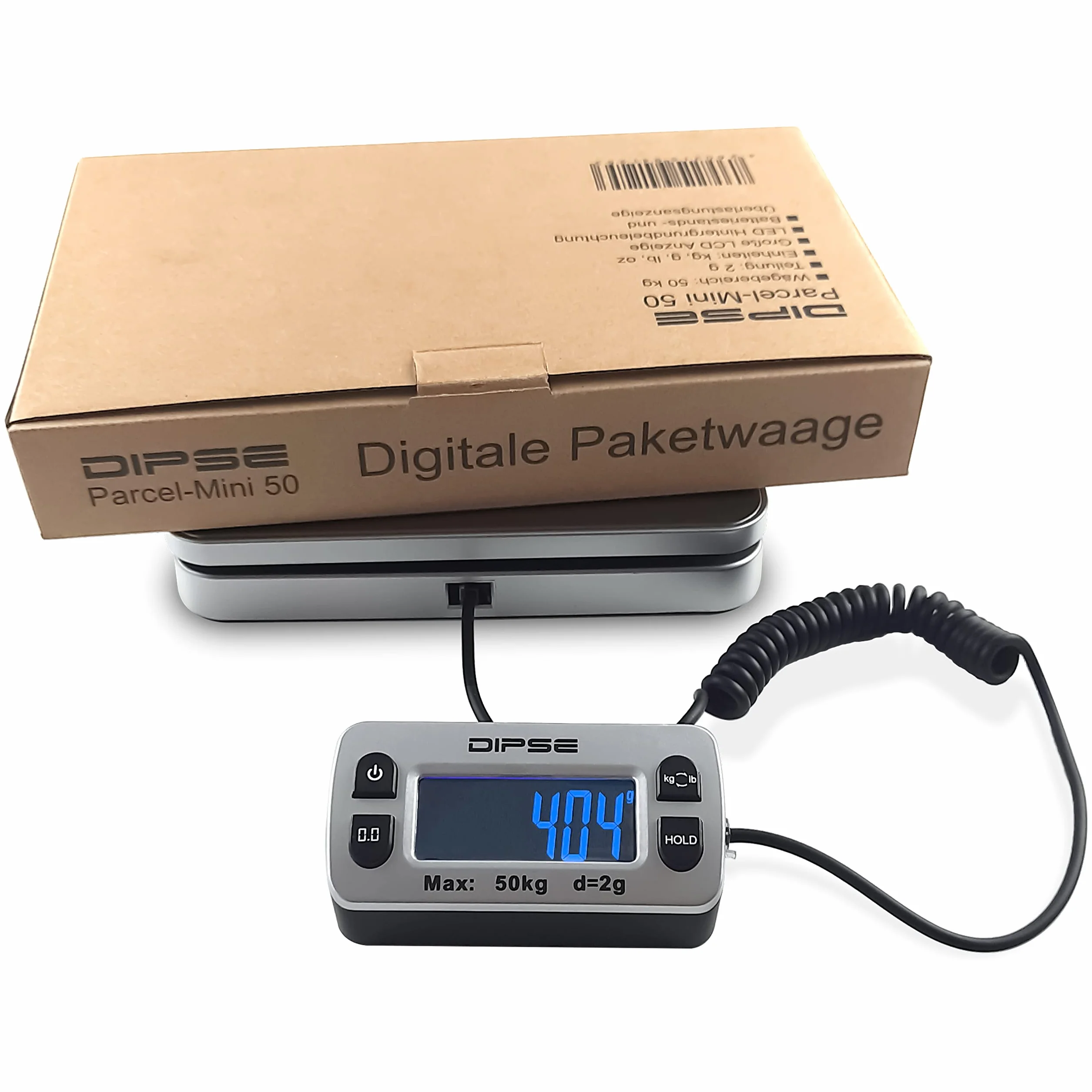 DIPSE Parcel Mini waga do pakowania z wyświetlaczem zewnętrznym i dużą wagą, 50 kg x 0,002 kg