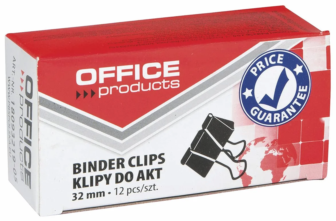 Klipy do Dokumentów OFFICE PRODUCTS 32mm 12szt Czarne/Drobne Akcesoria Biurowe/Typ-do Akt/Rodzaj-Standard/Materiał-Metal/Kolor-Czarny/Rozmiar-32mm