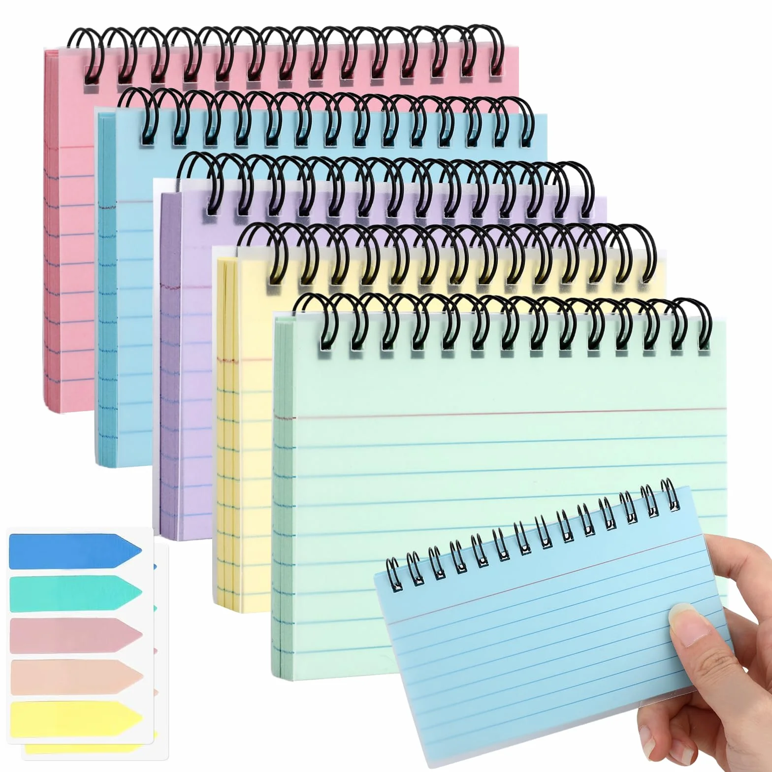 250 sztuk kart indeksowych w linię 5 kolorów, duże kolorowe kartki indeksowe do nauki dla dzieci, karty spiralne Back to School Clean Girl z przezroczystą pokrywą 12,5x7,5 cm, karty indeksowe z 200