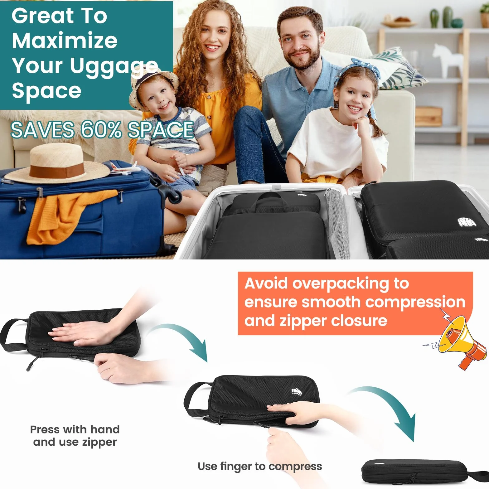 Packing Cubes kompresyjne 8 sztuk organizerów do walizki, wodoszczelne kostki pakujące z kompresją, niezbędne akcesoria podróżne do bagażu podręcznego, walizki i plecaka, antracytowo-czarne
