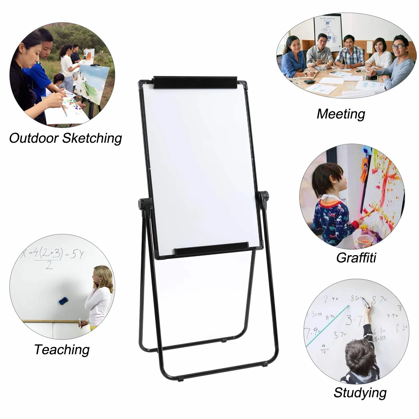 DOEWORKS 90 x 60 cm Magnetyczny stojak w kształcie litery U tablica / sztaluga dwustronna, biała tablica, regulowana wysokość i podpórka w kształcie litery U