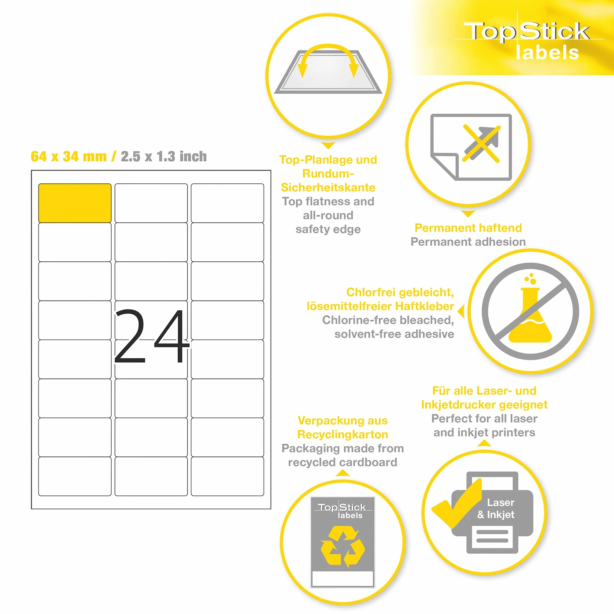 TopStick 8777 Naklejki adresowe DIN A4 (64 x 34 mm, 100 arkuszy, papier, matowy) samoprzylepne, do zadrukowania, trwałe etykiety uniwersalne, 2400 etykiet samoprzylepnych, białe