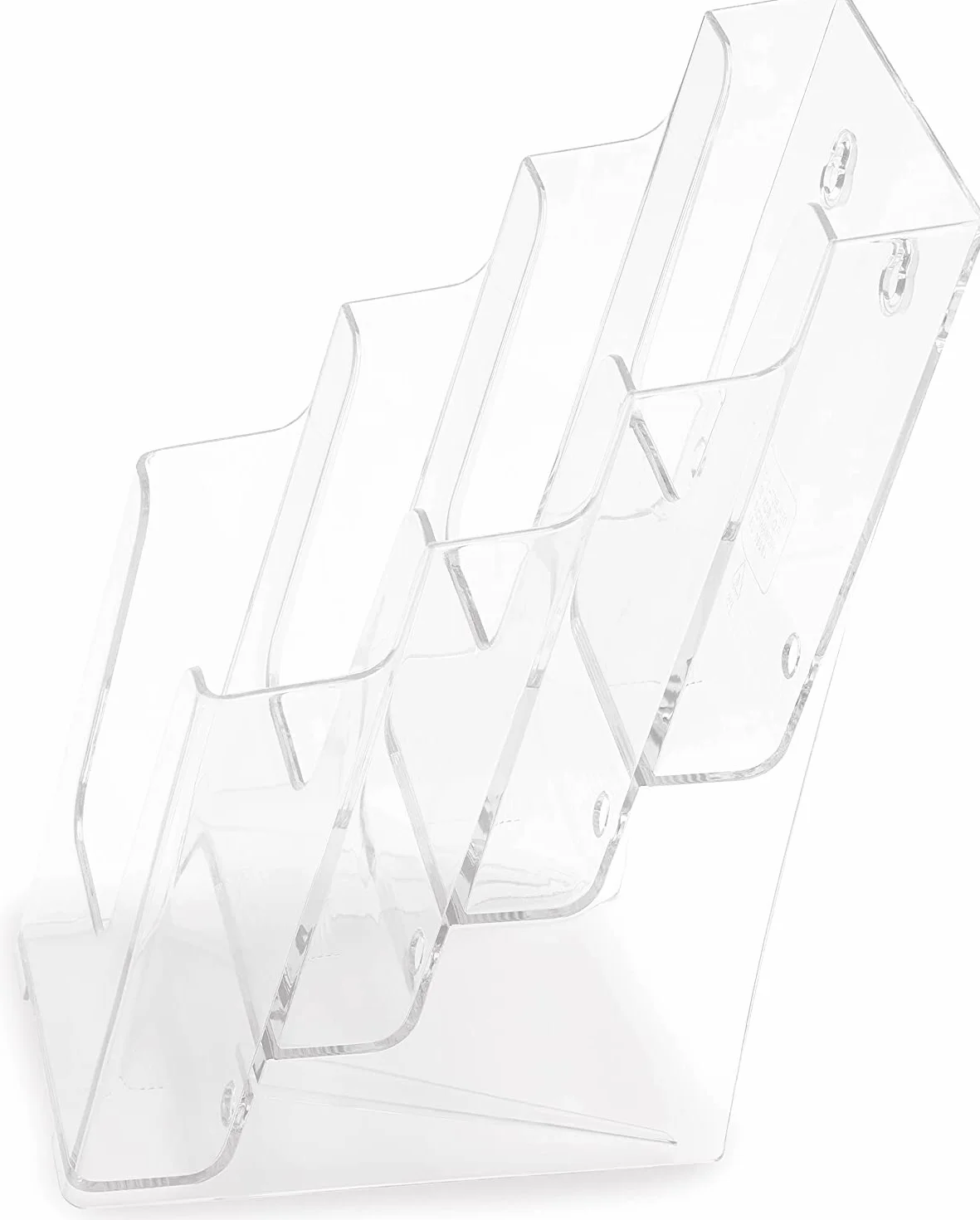 Deflecto wielopoziomowy stojak na broszury, DIN A4 1/3, format pionowy, 120 x 255 x 200 mm, 4 poziomy, ścięty, krystalicznie czysty, na stół lub ścianę, stojak na reklamy, ulotki, prezentacje