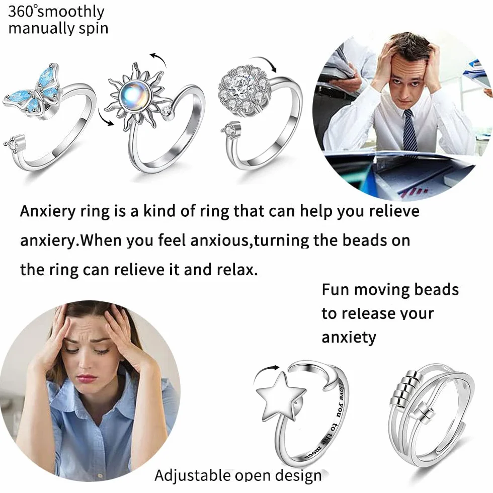Hifot Anxiety Pierścionki Spinner Srebrne, Zestaw 5 Antystresowych, Kryształowe Gwiazdy i Księżyc, Motyle