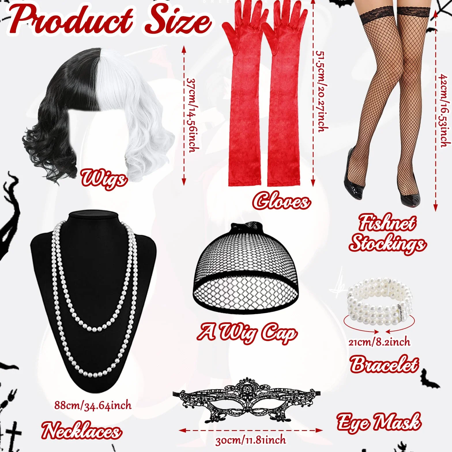 9 sztuk kostiumu Cruella dla kobiet, Halloween, Cruella, Devil, zestaw akcesoriów z sukienką, krótką, czarno-białą peruką, koronkową maską, rękawiczkami, naszyjnikiem, pończochami siatkowymi