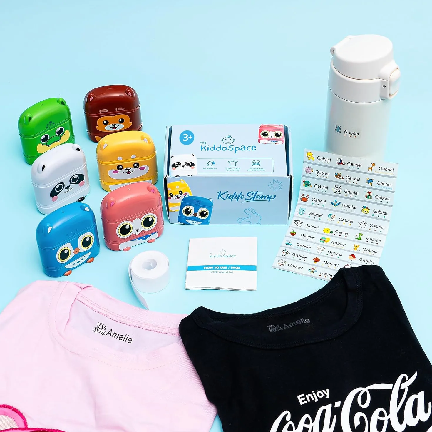 KiddoSpace stemple z imieniem dla dzieci - Kiddostamp dwustronna spersonalizowana pieczęć z imieniem - spersonalizowane znaczki odzieżowe - wodoodporna pieczęć z imieniem (biały + czarny atrament)