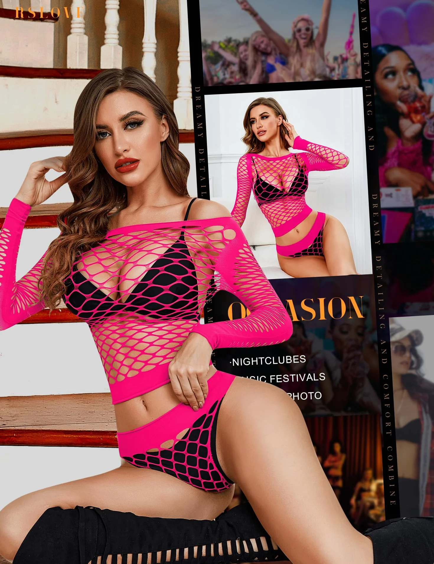 RSLOVE Zestaw bielizny damskiej kabaretki seksowna bielizna nocna body stockings przezroczysta sukienka, Fluo różowy, rozmiar uniwersalny