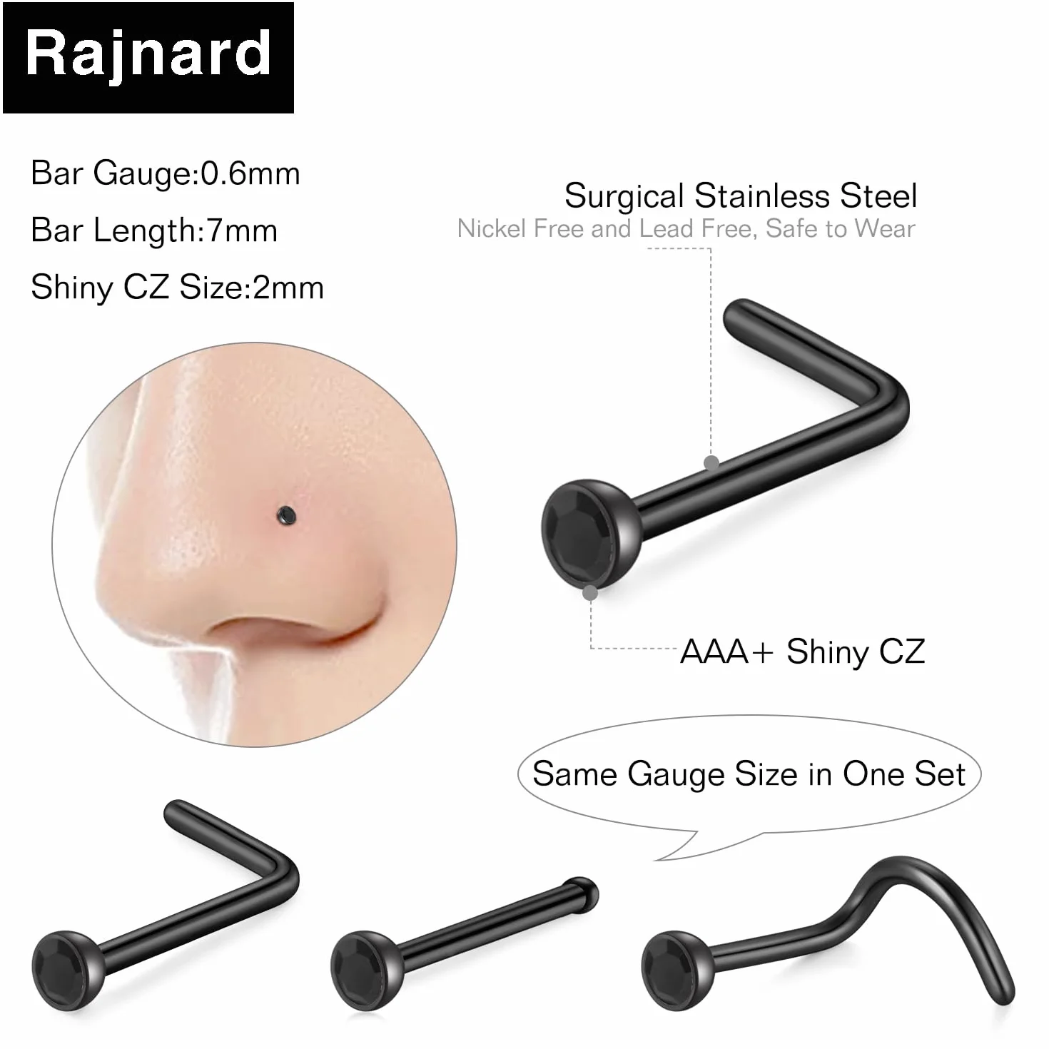 Czarne kolczyki do nosa zestaw śrub ze stali nierdzewnej 0,6/0,8/1,0 mm nozdrza 7 mm pręt w kształcie litery L dla kobiet mężczyzn piercing biżuteria 22 g / 20 g / 18 g