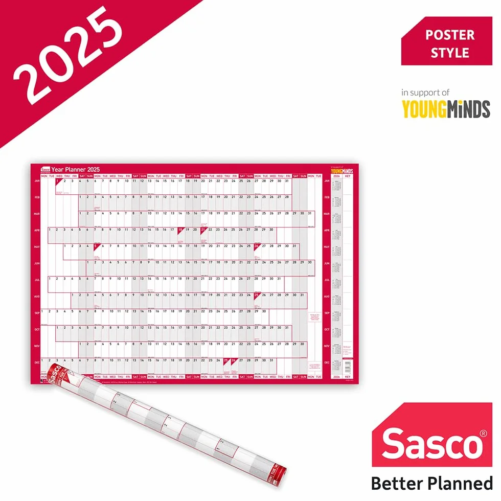 Sasco 2410244 kompaktowy roczny planer ścienny, papierowy mini tablica plakatowa, kalendarz suchościeralny, mały planer ścienny z długopisem i naklejkami, wykres ścienny, niebieski, 610 x 405 mm,